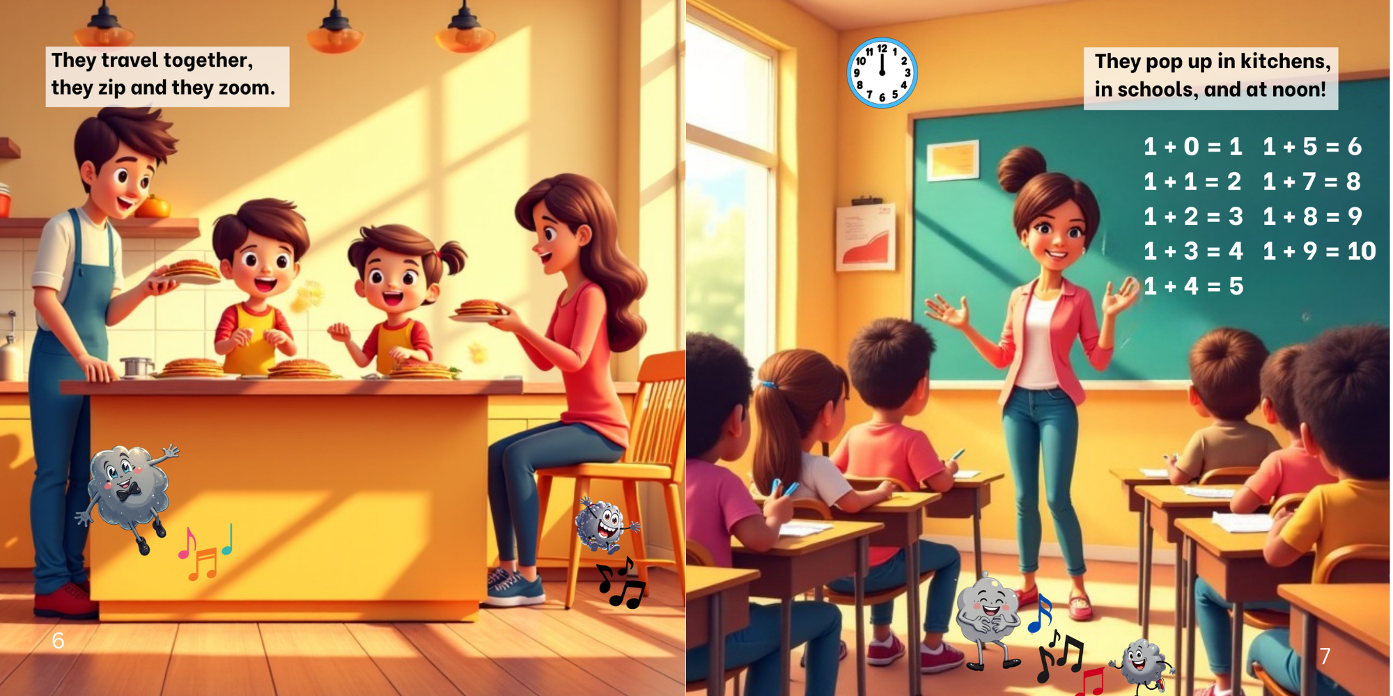 Colorful illustration of a classroom scene. On the left, a family of four with three children is baking together in a kitchen, smiling and enjoying their activity. On the right, a teacher is standing in front of a classroom full of young students, en