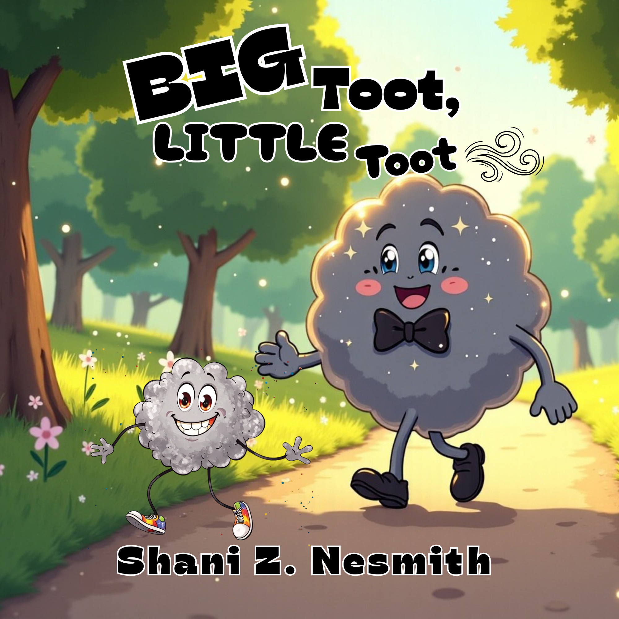 An illustrated book cover titled 'Big Toot, Little Toot' by Shani Z. Nesmith. It features two cartoon characters that are clouds with smiling faces, arms, and legs, walking on a path through a sunny park with trees and flowers.