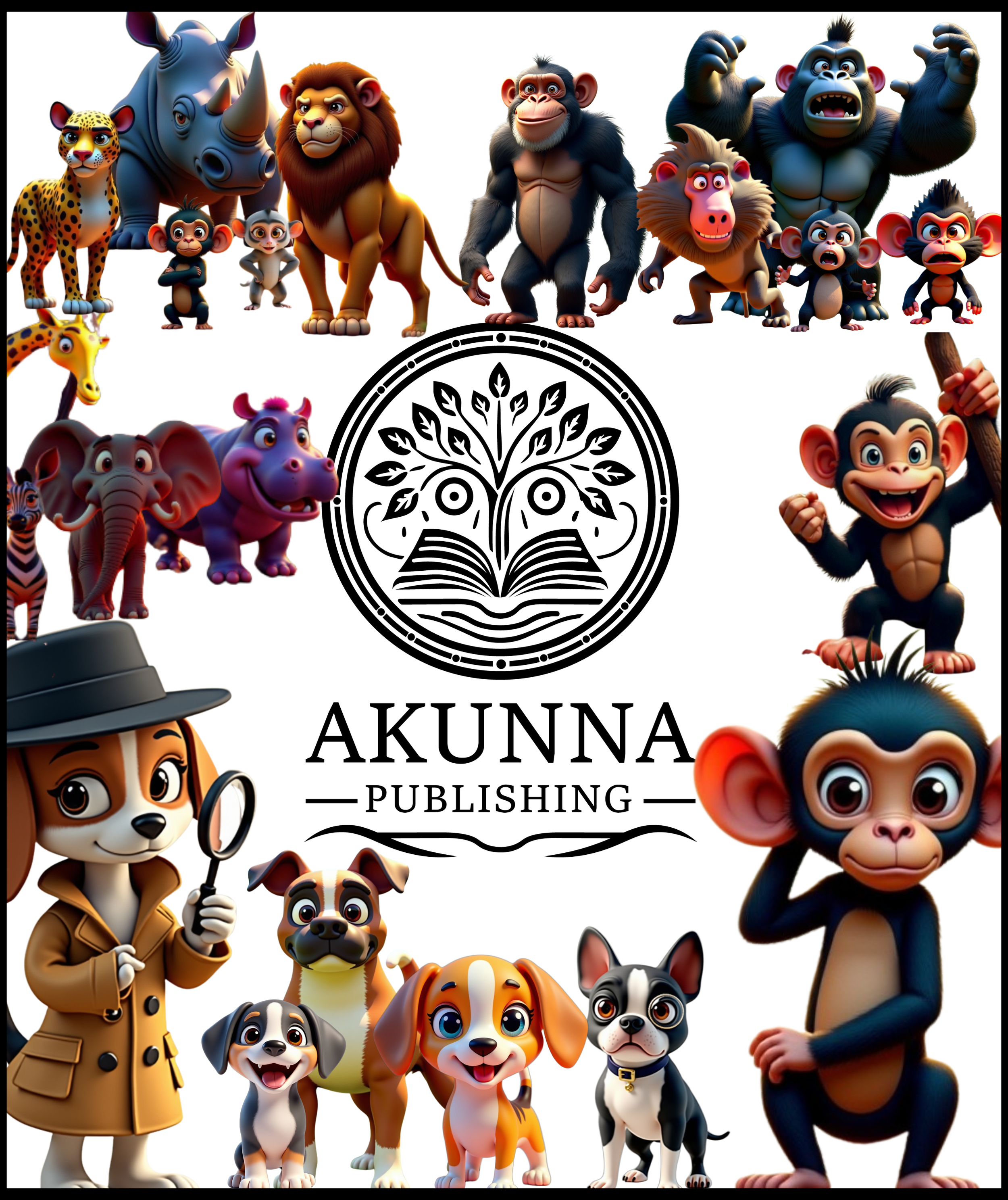 Animated animals surrounding the Akunna Publishing logo, including a leopard, rhinoceros, lion, chimpanzee, gorilla, orangutan, zebra, elephant, hippopotamus, dog, cat, rabbit, and monkey, with the logo featuring a stylized tree growing from an open book.