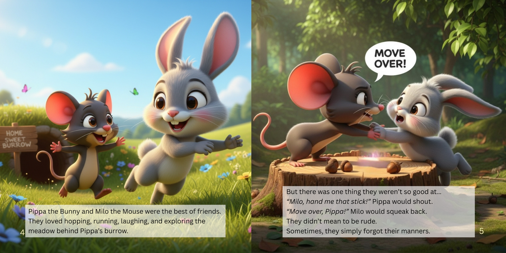 Illustration from a storybook showing Pippa the Bunny and Milo the Mouse in a forest setting, with Pippa smiling and Milo holding her hands, a speech bubble with 'MOVE OVER!', and a narrative text about their friendship and manners.