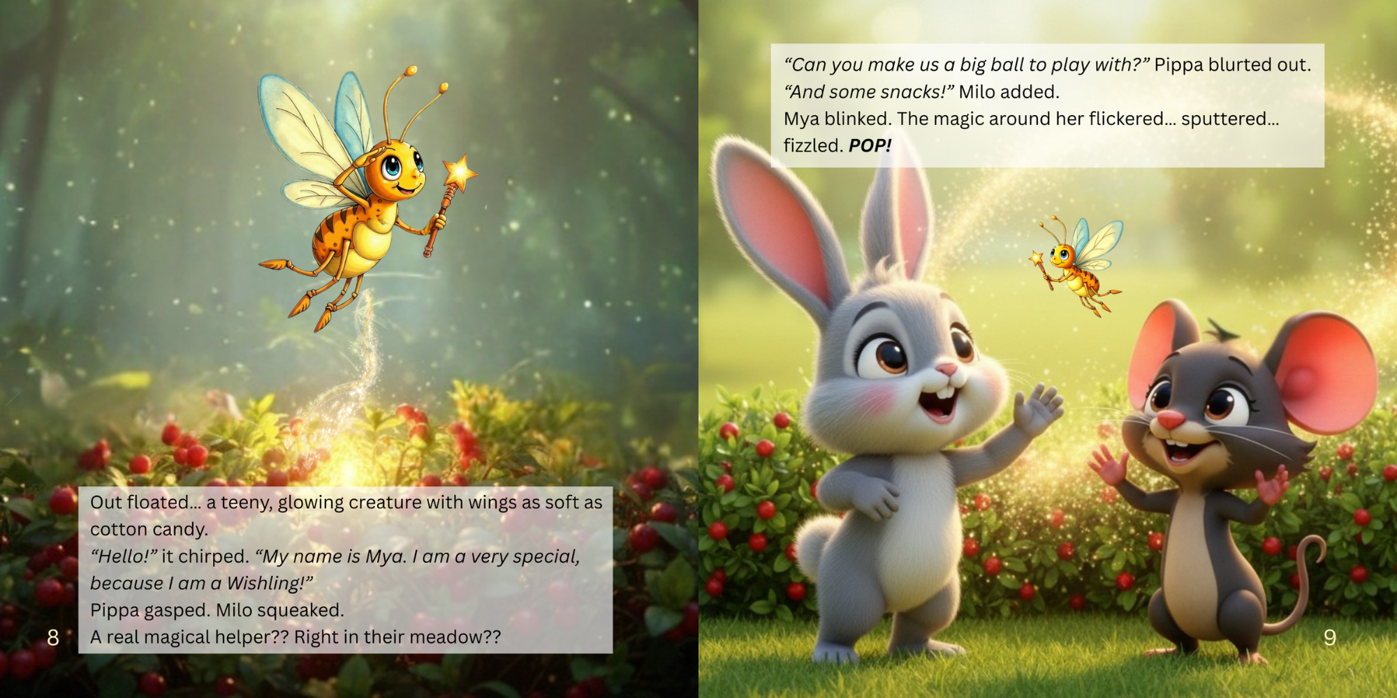The image shows a scene from a children's storybook featuring animated characters in a meadow. There is a tiny, glowing creature with wings, a smiling face, and a star-topped wand flying above leafy bushes with red berries. Two animated mice, one whi