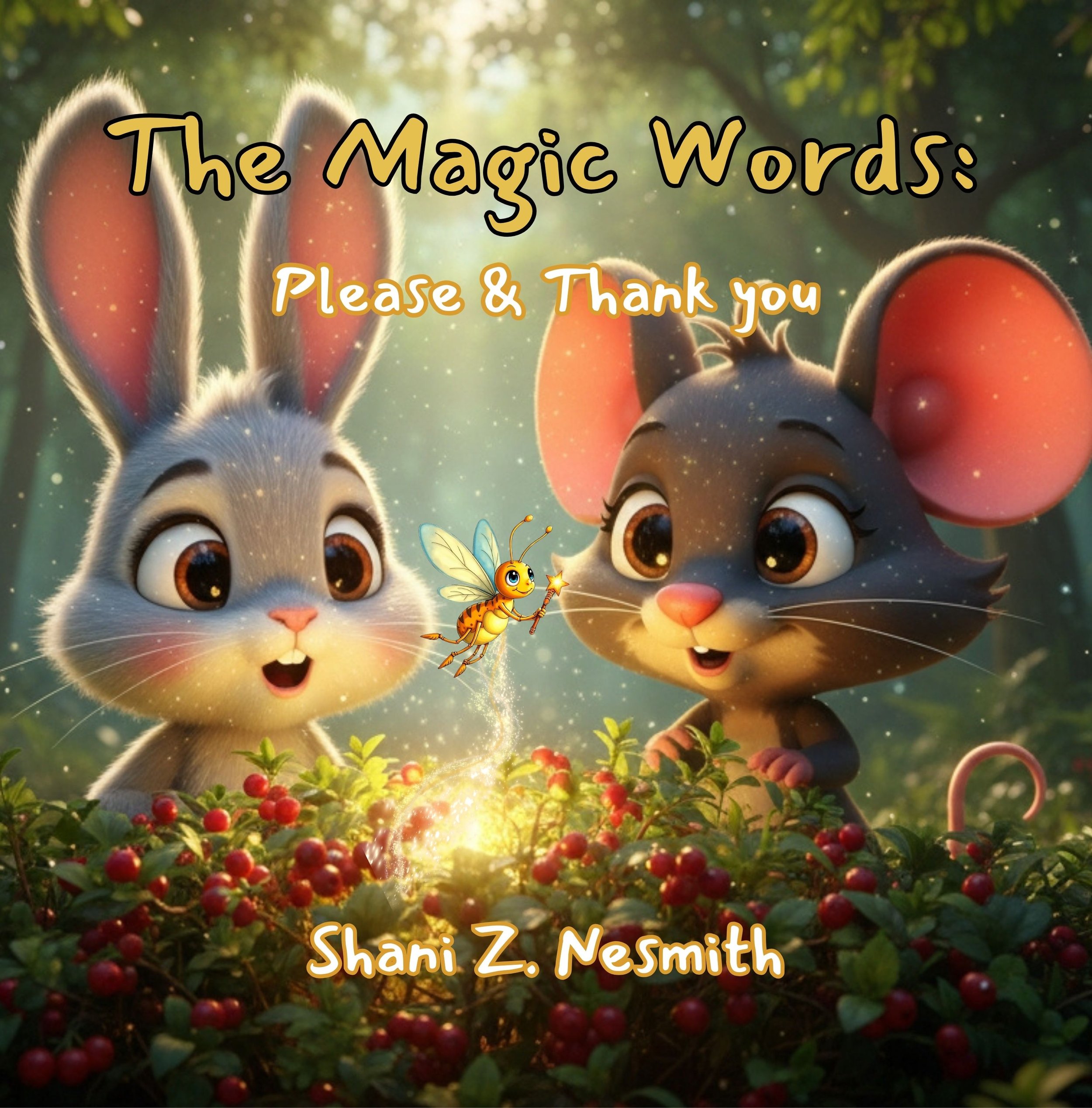 Cover of a children's book titled "The Magic Words: Please & Thank You" by Shani Z. Nesmith featuring animated cartoon characters of a rabbit and a mouse in a forest, with a fairy-like insect casting a spell over a bed of red berries.