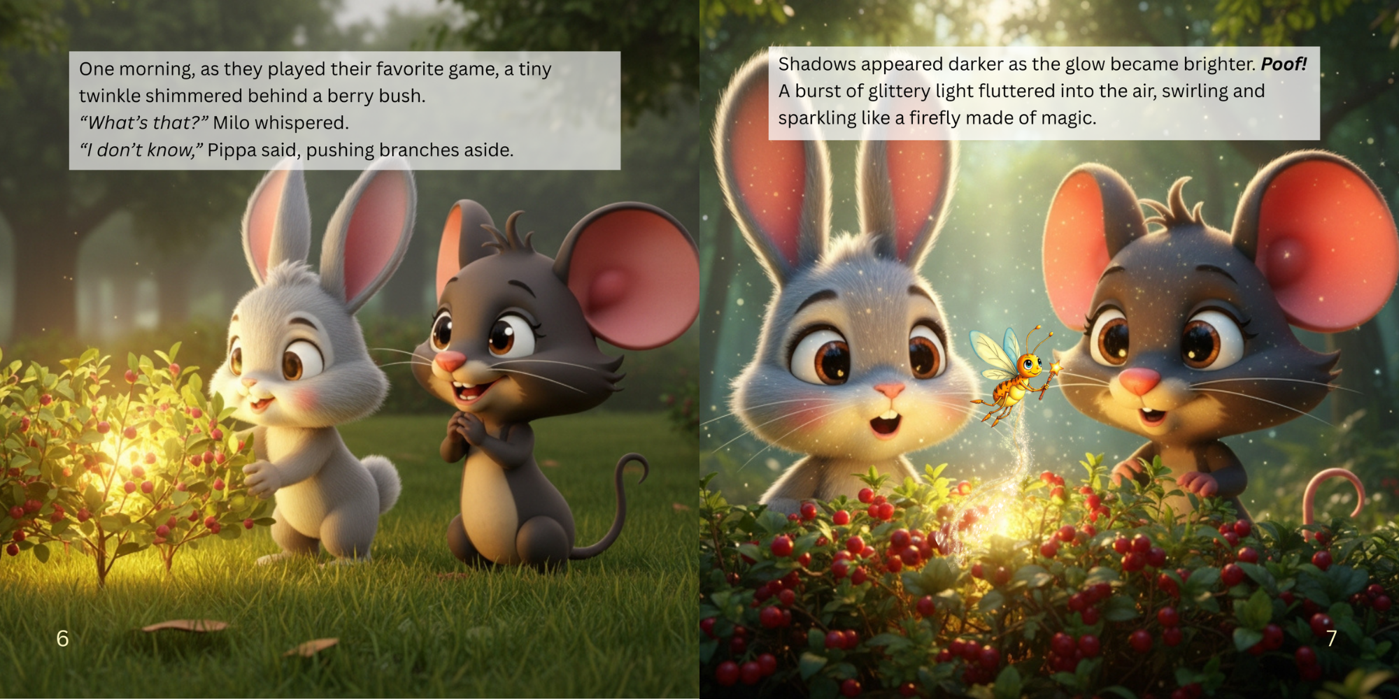 Three animated mice and a small insect in a grassy outdoor setting, one mouse with white fur holding a branch, one with gray fur, and the third with darker gray fur, all showing expressions of curiosity and surprise, with the scene illuminated by sof