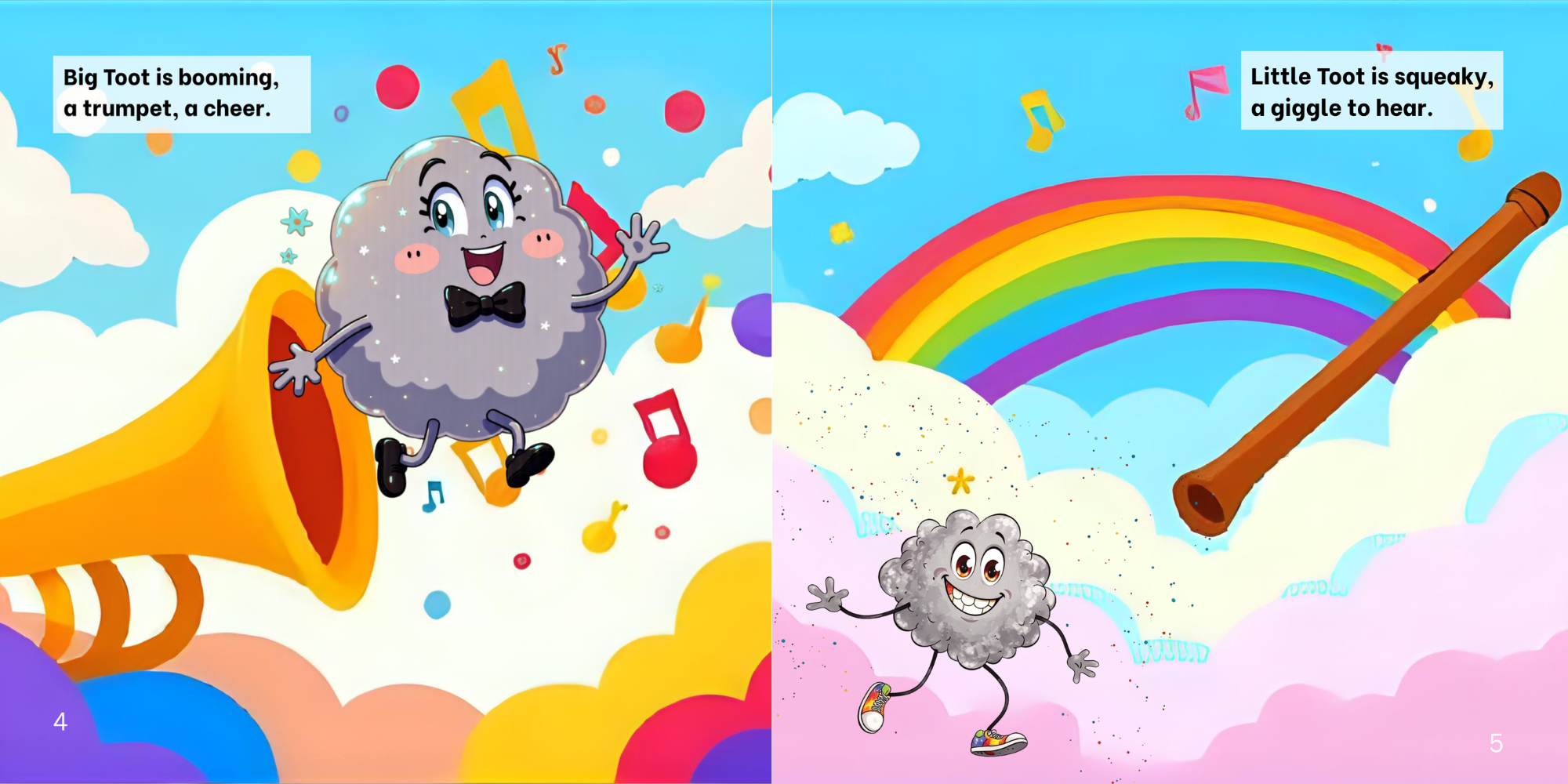 Colorful cartoon scene featuring two fluffy cloud characters with smiling faces, arms, and legs, set among clouds, rainbows, and musical notes. The cloud on the left has a black bow tie and is jumping out of a yellow megaphone, while the cloud on the