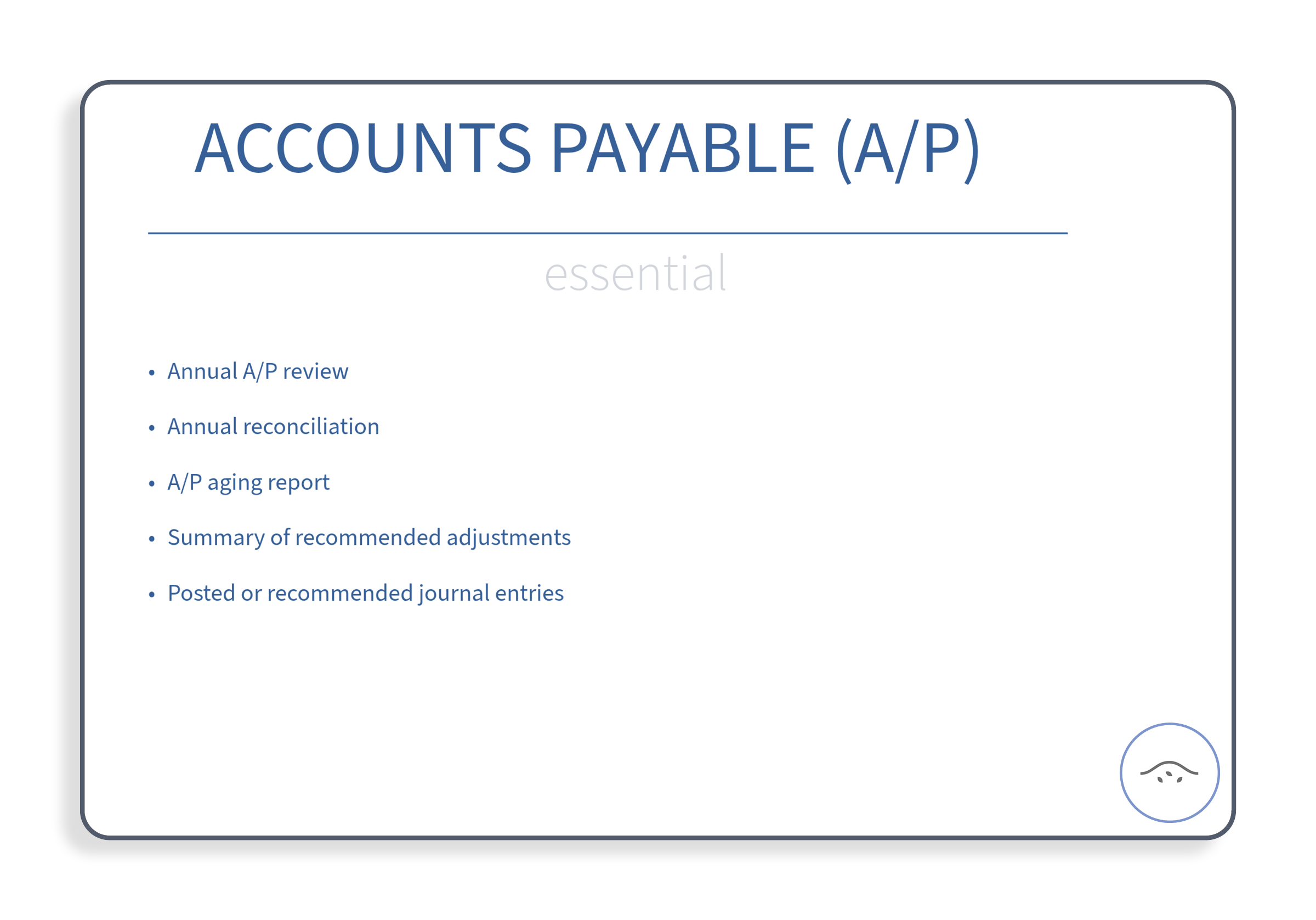 Slide titled 'ACCOUNTS PAYABLE (A/P)' with a list of key topics including annual review, reconciliation, aging report, adjustments, and journal entries. There is a small icon of a person's face in the bottom right corner.