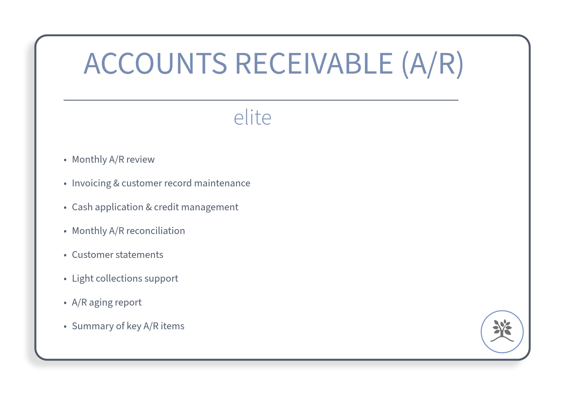 Presentation slide titled 'Accounts Receivable (A/R)', with a subtitle 'elite', listing bullet points: Monthly A/R review, Invoicing & customer record maintenance, Cash application & credit management, Monthly A/R reconciliation, Customer statements,