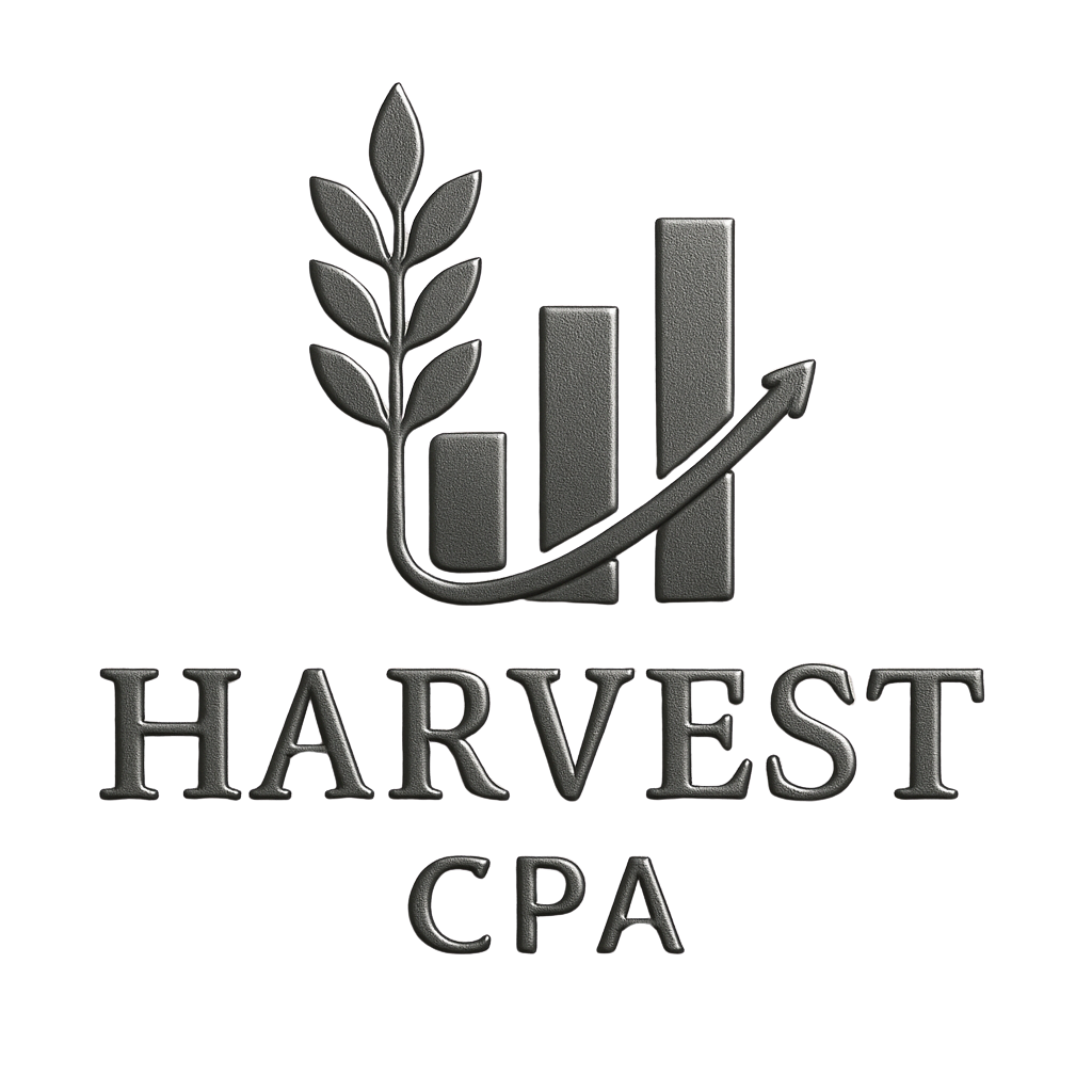 A metallic logo featuring a bar chart, a rising arrow, and a sprig of leaves with the text 'HARVEST CPA' underneath, on a black background.