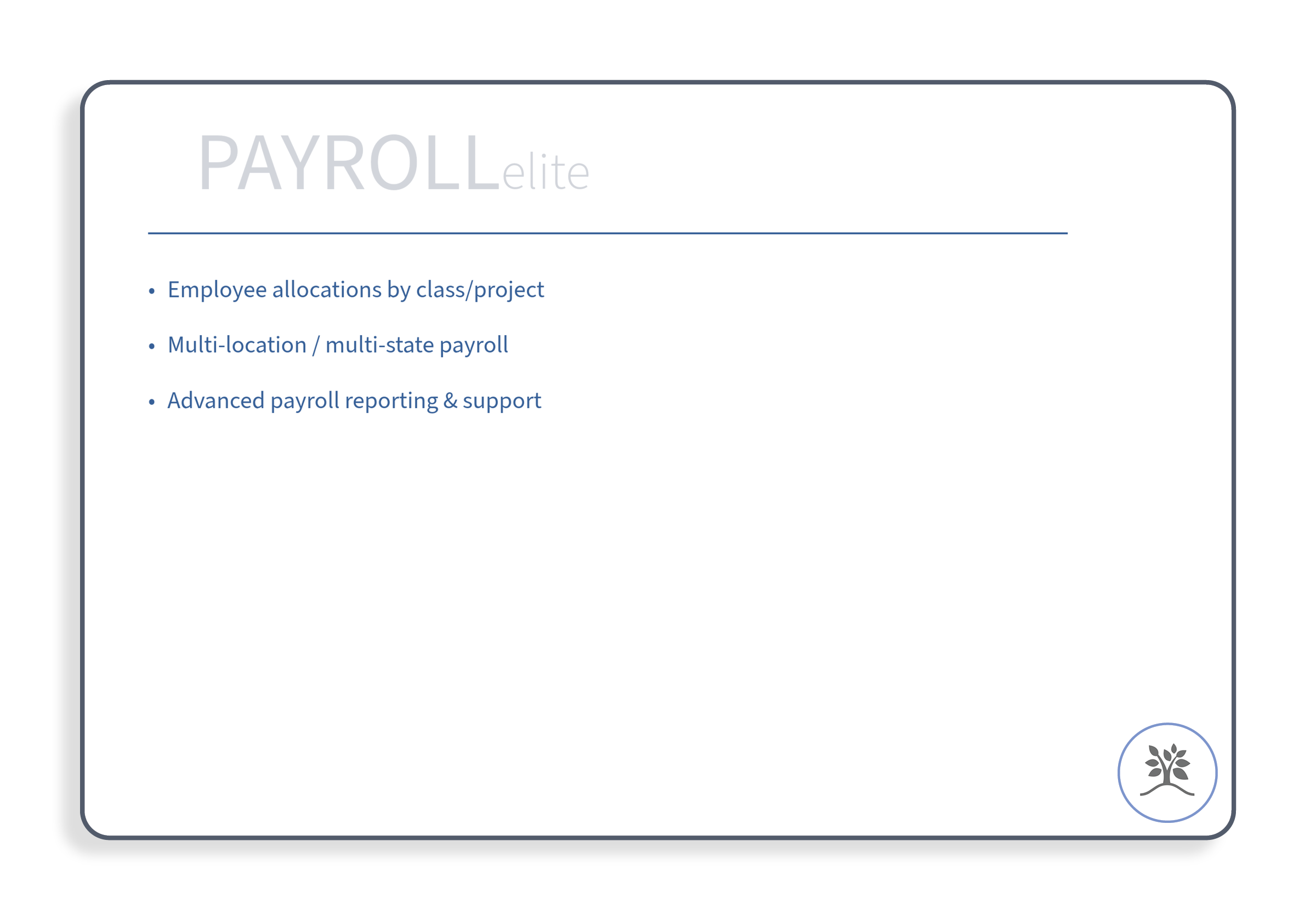 Slide from a presentation titled 'PAYROLLe lite' listing features: Employee allocations by class/project, Multi-location/multi-state payroll, Advanced payroll reporting & support. There is a small tree logo in the bottom right corner.