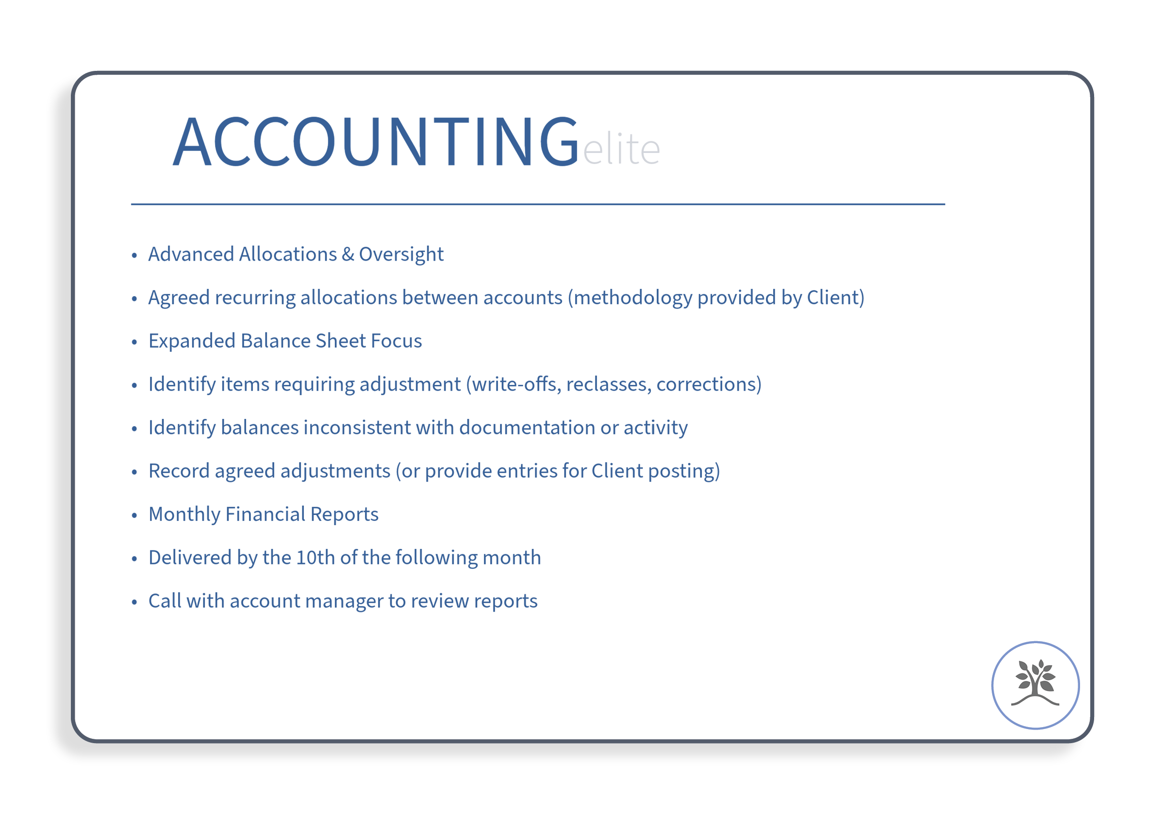 Slide presentation with title 'ACCOUNTING Elite' and a list of accounting tasks, including advanced allocations, recurring allocations, balanced sheet focus, adjustments, identified balances, monthly reports, delivery deadline, and review calls, with