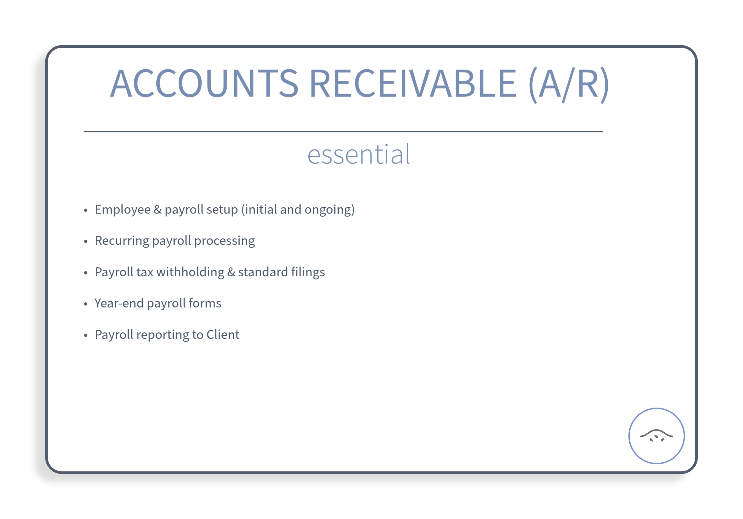 A presentation slide titled 'Accounts Receivable (A/R) essential' listing five bullet points: Employee & payroll setup (initial and ongoing), Recurring payroll processing, Payroll tax withholding & standard filings, Year-end payroll forms, Payroll re