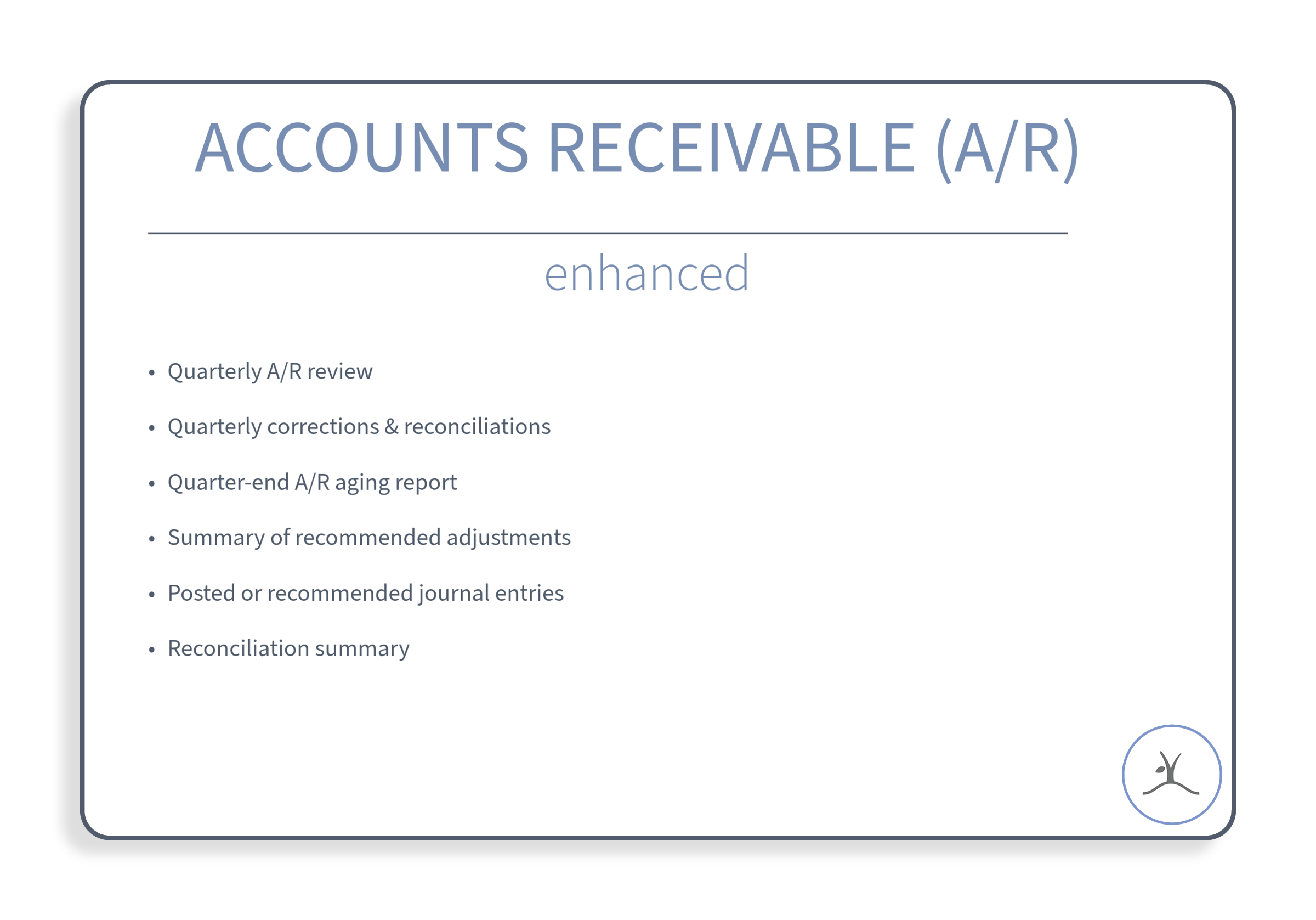 Slide titled 'ACCOUNTS RECEIVABLE (A/R) enhanced' with bulleted list of topics related to accounts receivable review, corrections, aging report, adjustments, journal entries, and reconciliation; has a small logo in the bottom right corner.