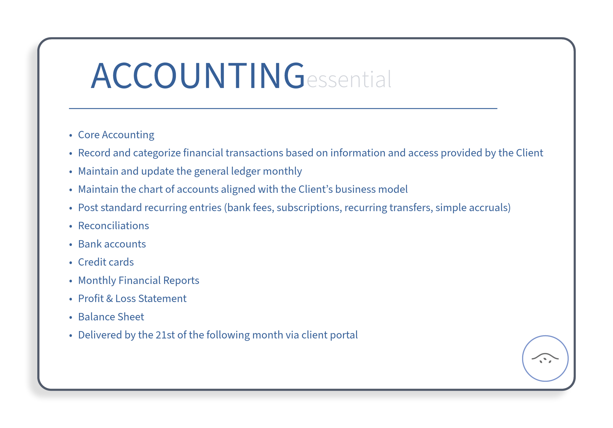 Slide titled 'ACCOUNTING essential' listing topics such as core accounting, financial transactions, ledger maintenance, chart of accounts, recurring entries, reconciliations, bank accounts, credit cards, financial reports, profit and loss statement, 