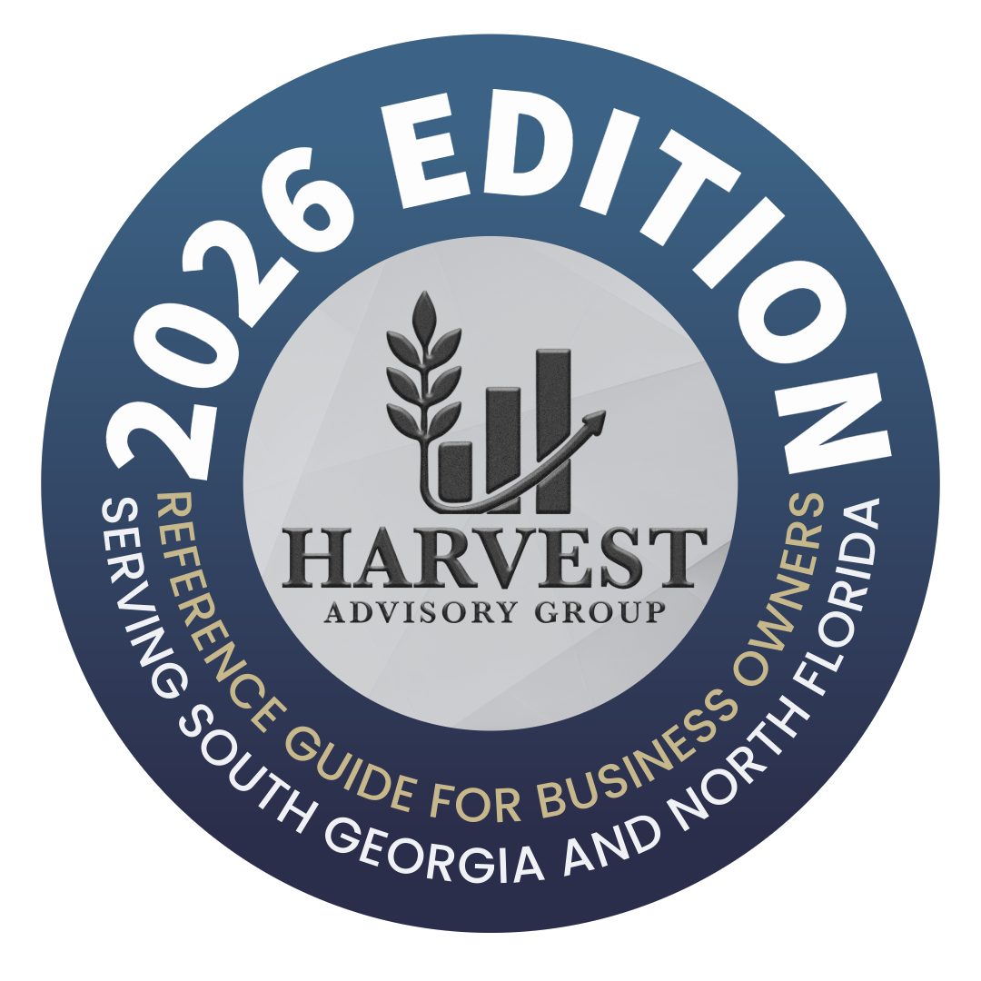 Circular emblem indicating the 26th edition of Harvest Advisory Group, a reference guide for business owners in South Georgia and North Florida, 2023.