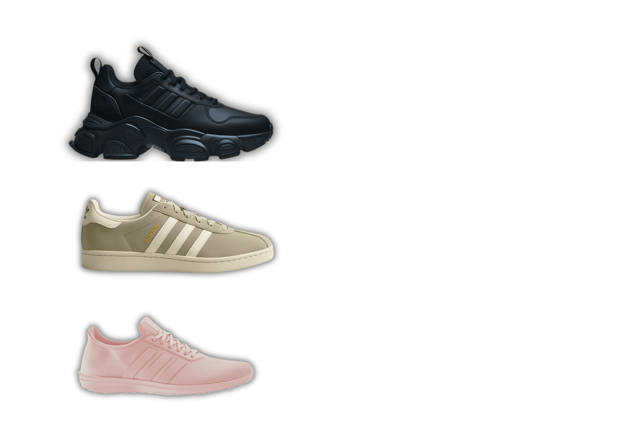 Three sneaker profiles: black chunky, grey green medium and pink slim-fitting