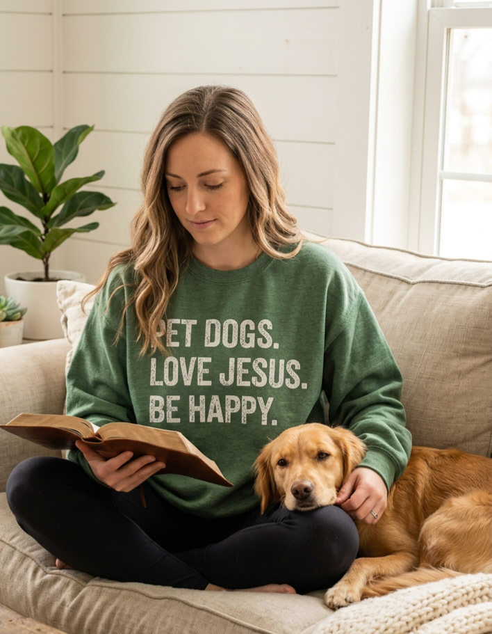 Pet Dogs. Love Jesus. Be Happy. - Cozy Christian Dog Lover Sweatshirt