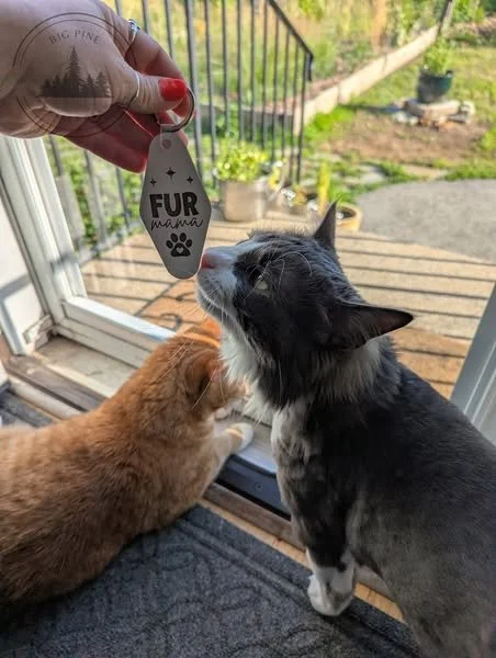A person holding a tag that says 'FUR mama' with a paw print, near two cats sitting by a glass door leading outside, where grass and yard furniture are visible.