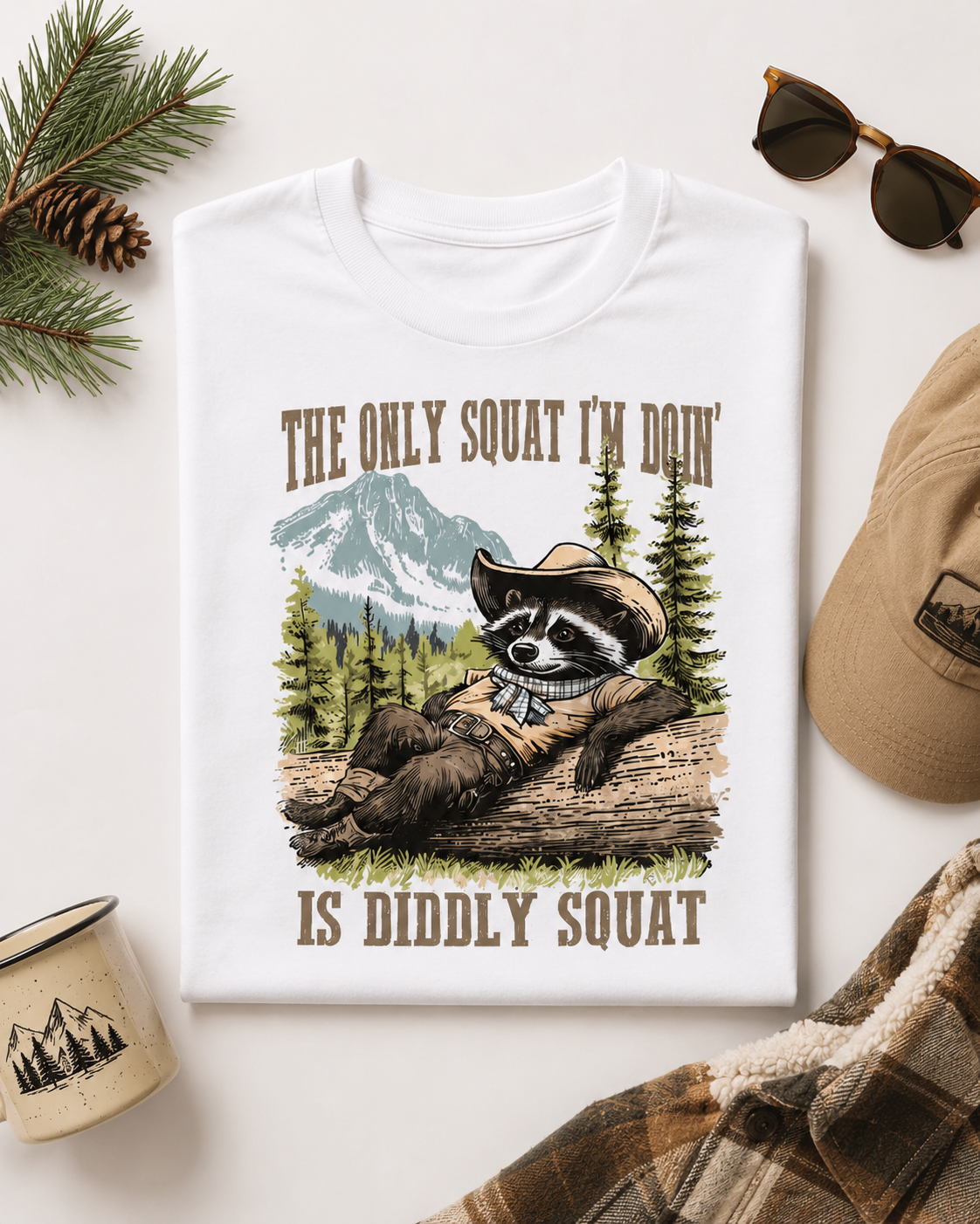 Raccoon Cowboy Shirt: The Only Squat I'm Doin' Is Diddly Squat Graphic Tee
