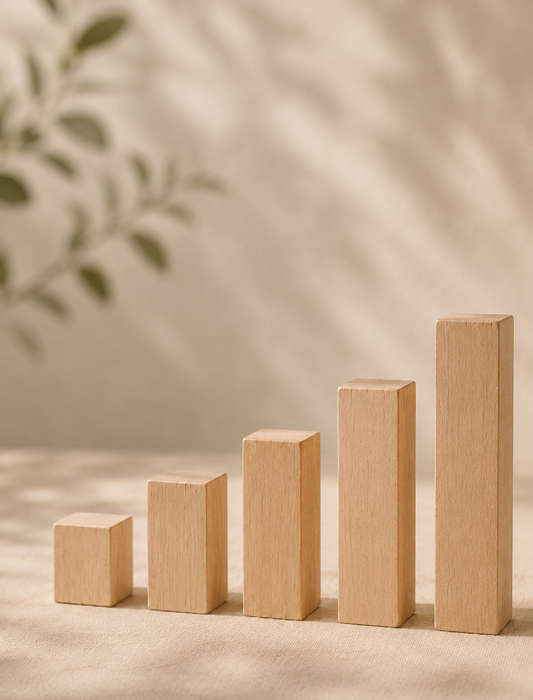 Five wooden blocks arranged in increasing height from left to right, with blurred leaves in the background.