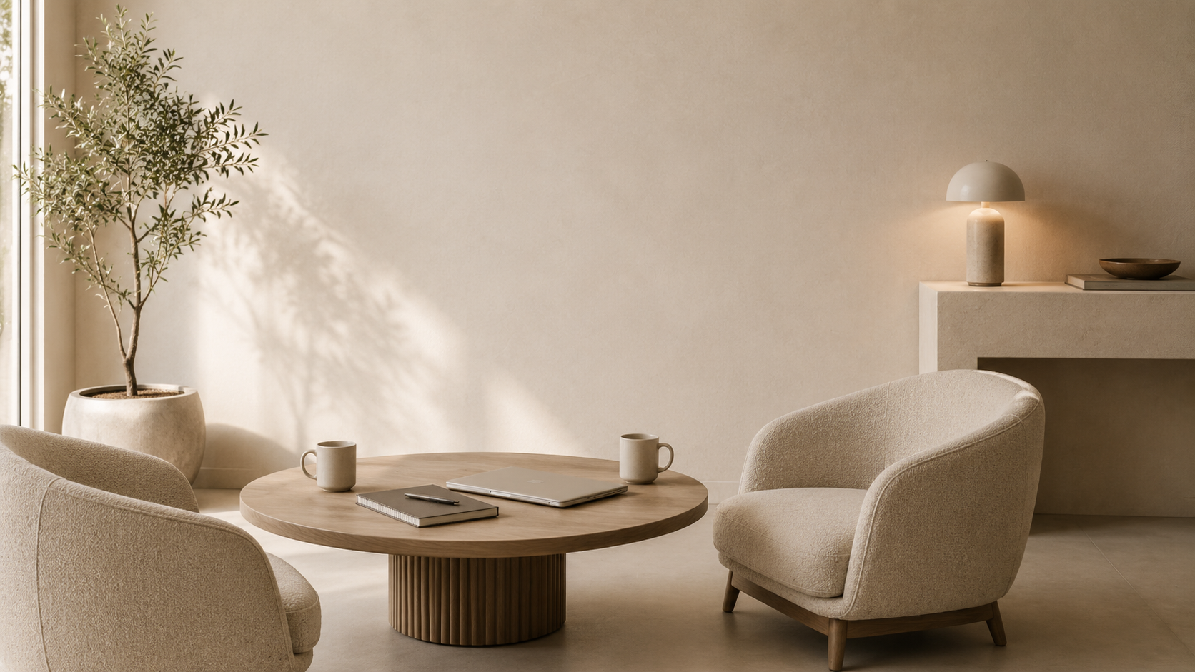 Minimalist beige living room with a round wooden table, two beige armchairs, a tall potted plant, and a side table with a lamp and a bowl.