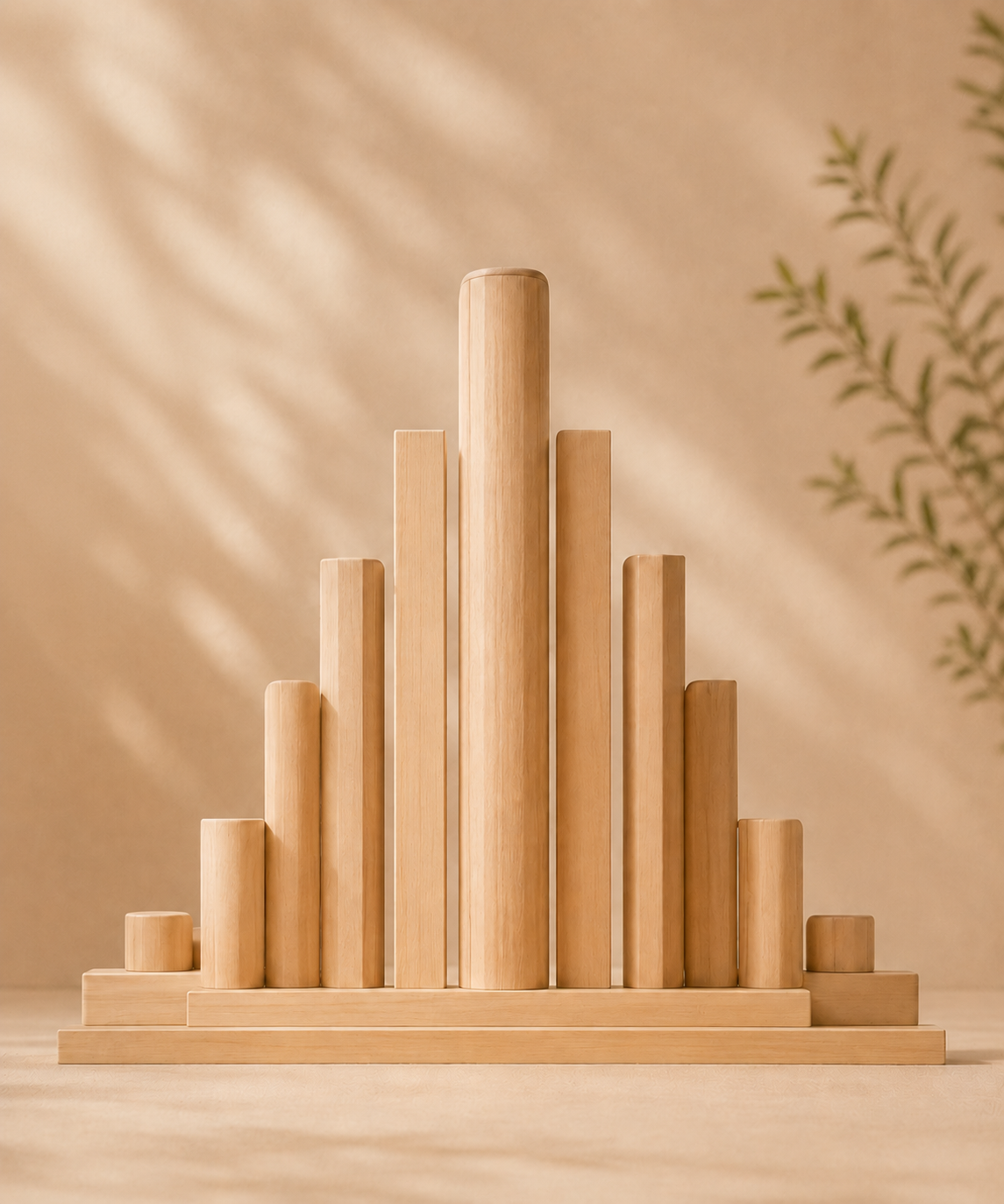 A set of wooden blocks arranged in a bar chart pattern on a wooden surface with a beige background and shadows.