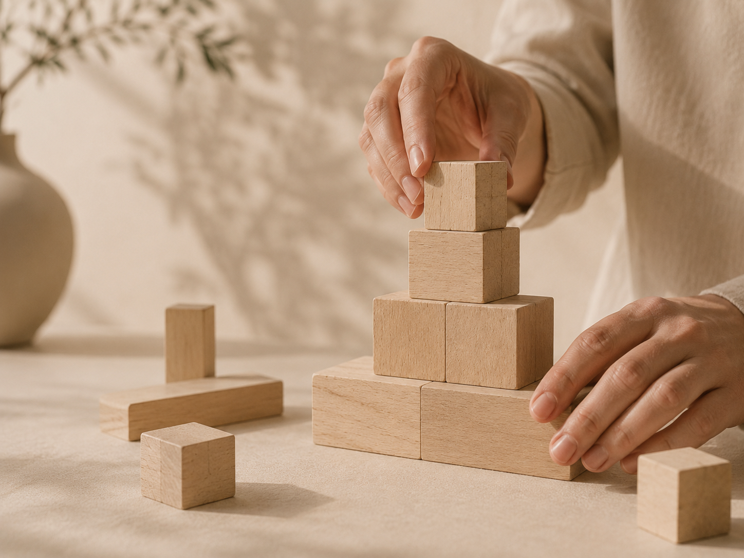 A person stacking wooden blocks on a table, with additional blocks nearby, in a neutral-colored room.