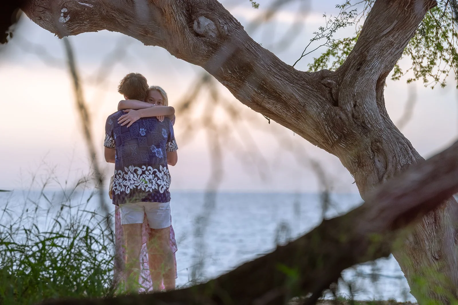 A boy and girl hugging near a lake, framed by tree branches and leaves during sunset.