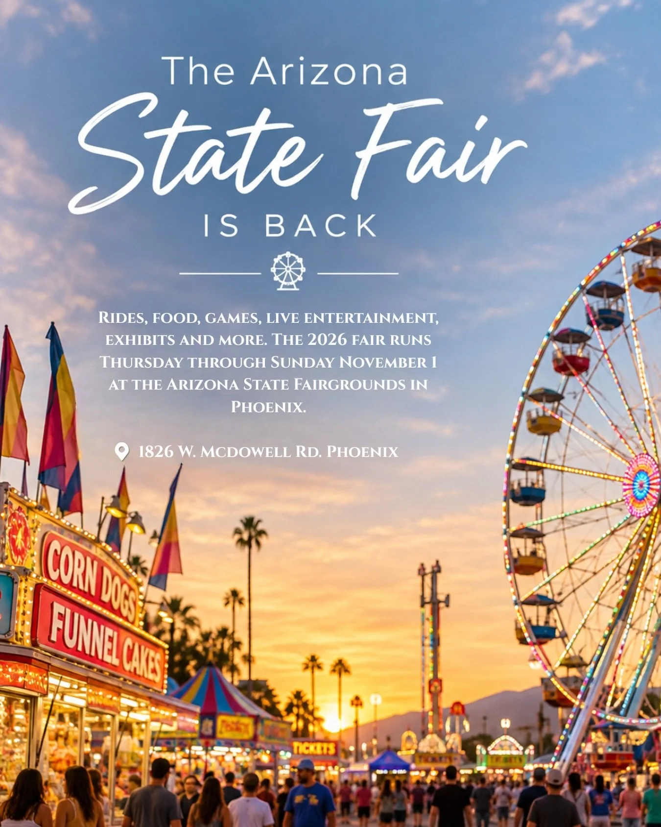 The Arizona State Fair is back 🎡

Starting today, October 1, the fairgrounds come alive with rides, classic fair food, games, live entertainment, exhibits, and plenty of things to see and do.

The 2026 fair runs Thursday through Sunday through Novem