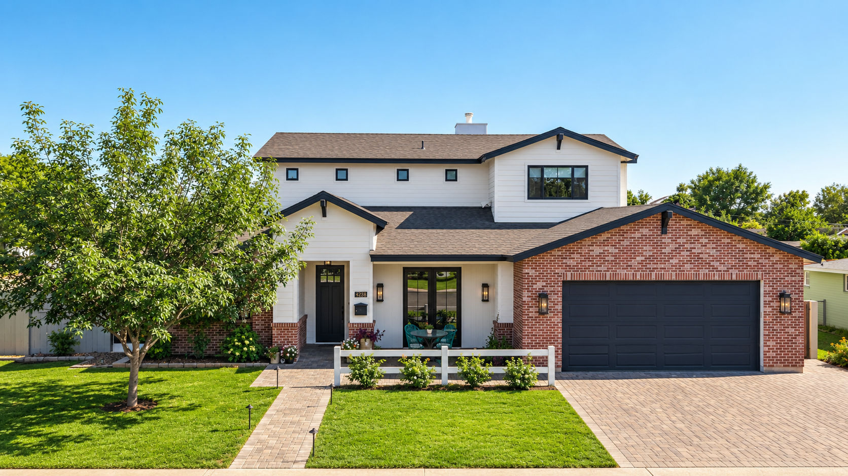 Front view of a modern suburban house with a brick and white siding exterior, black garage door, green lawn, and a tree on the left side.