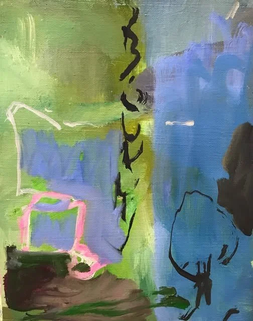 Abstract painting with green, blue, purple, and black colors, featuring black silhouette sketches of people in various poses.