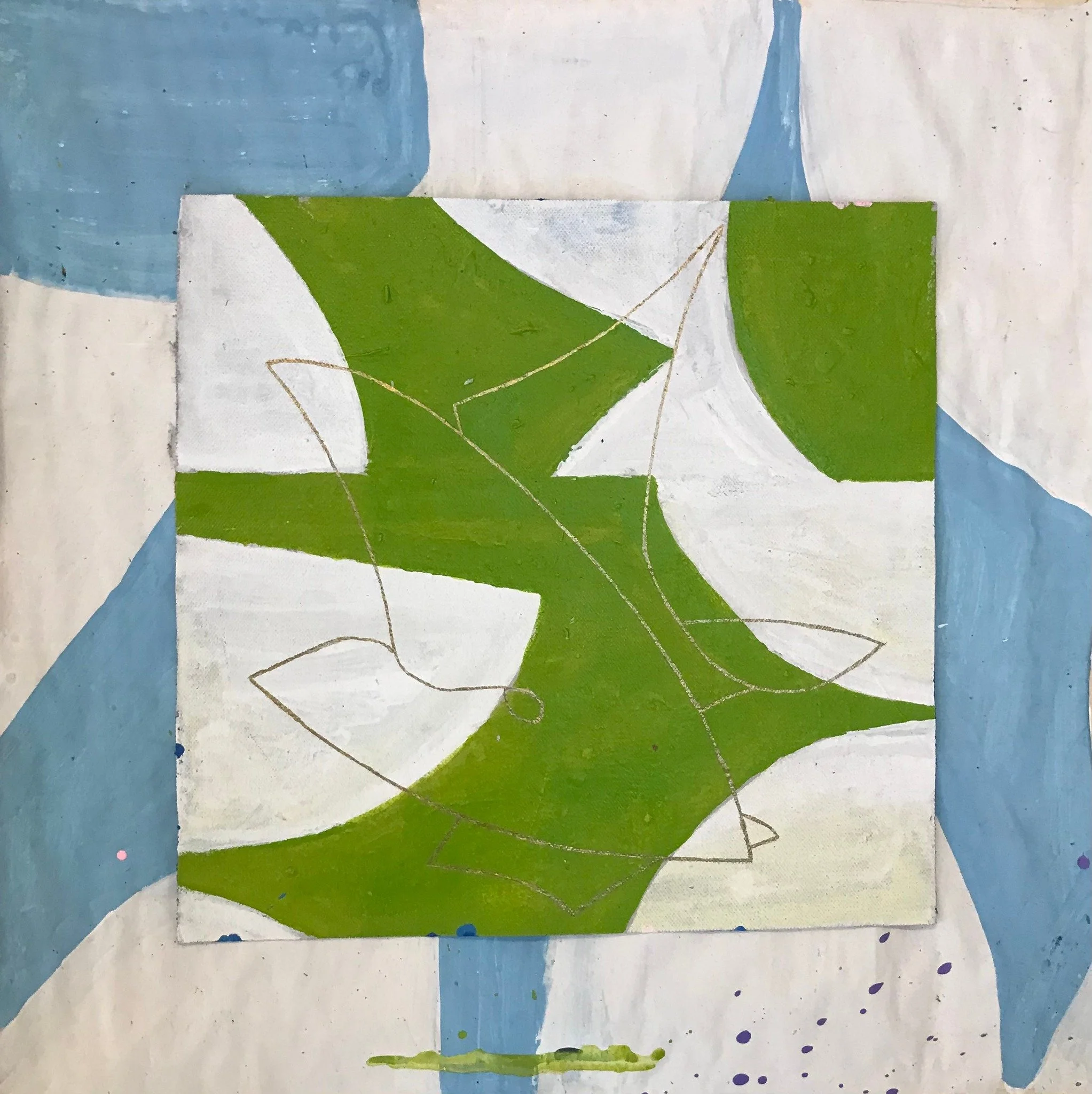 Abstract painting with green, white, and blue shapes, featuring a white outline of a leaf with a line running through it, on a canvas background.