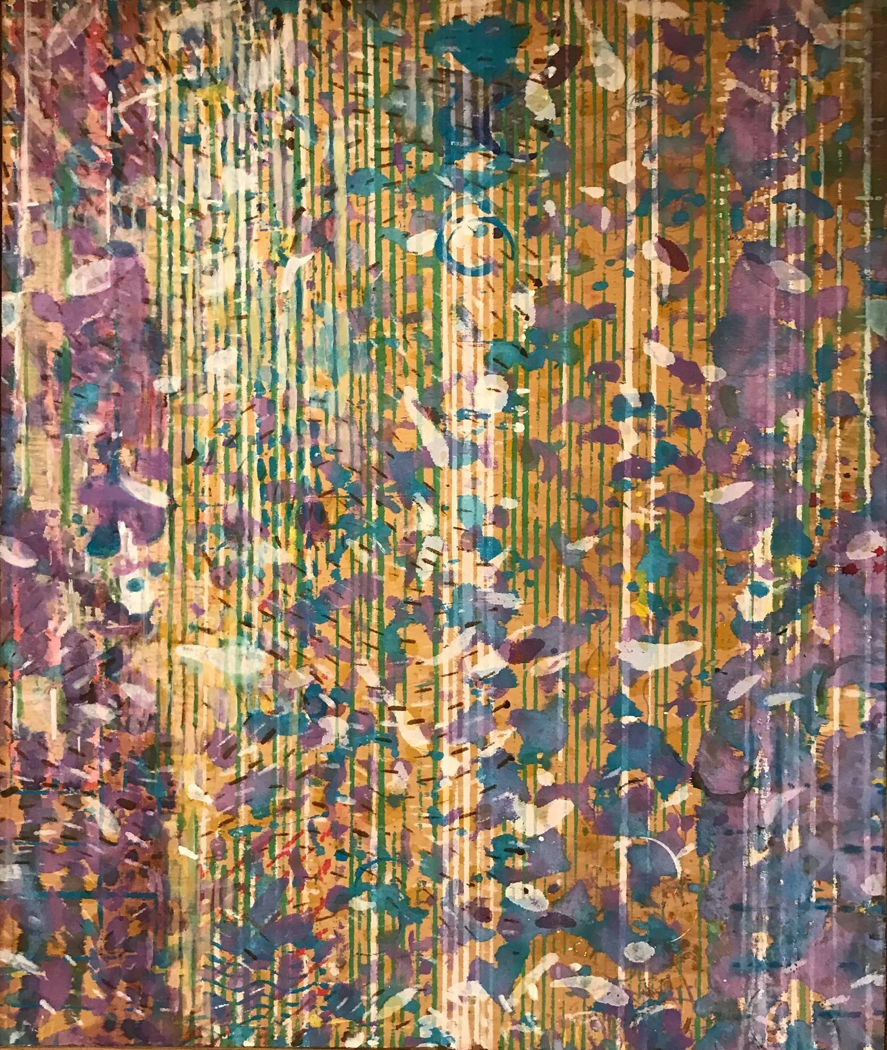 Abstract painting with vertical green and gold stripes, purple, blue, and white splatters, and a faint swan silhouette.