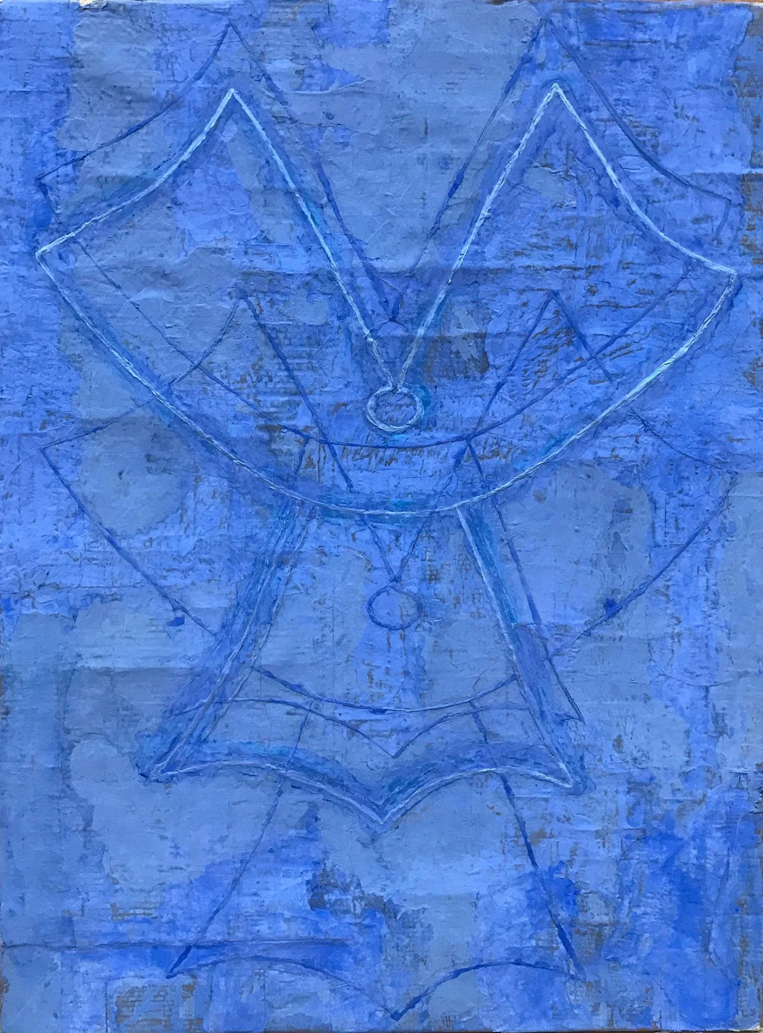 Abstract blue artwork with geometric and line patterns on textured surface.