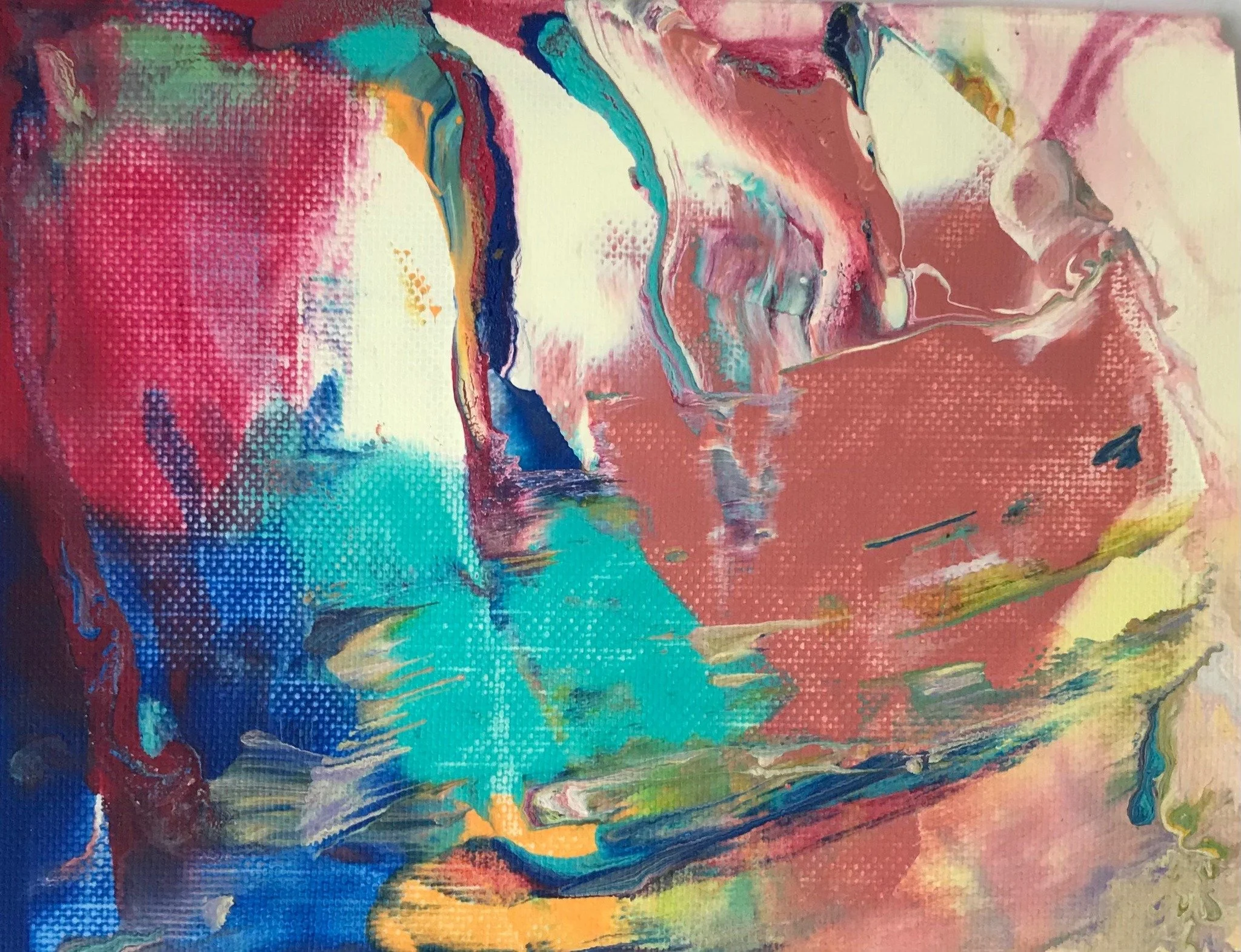 Abstract painting with vibrant colors including pink, blue, teal, yellow, and white, featuring textured and swirling patterns.