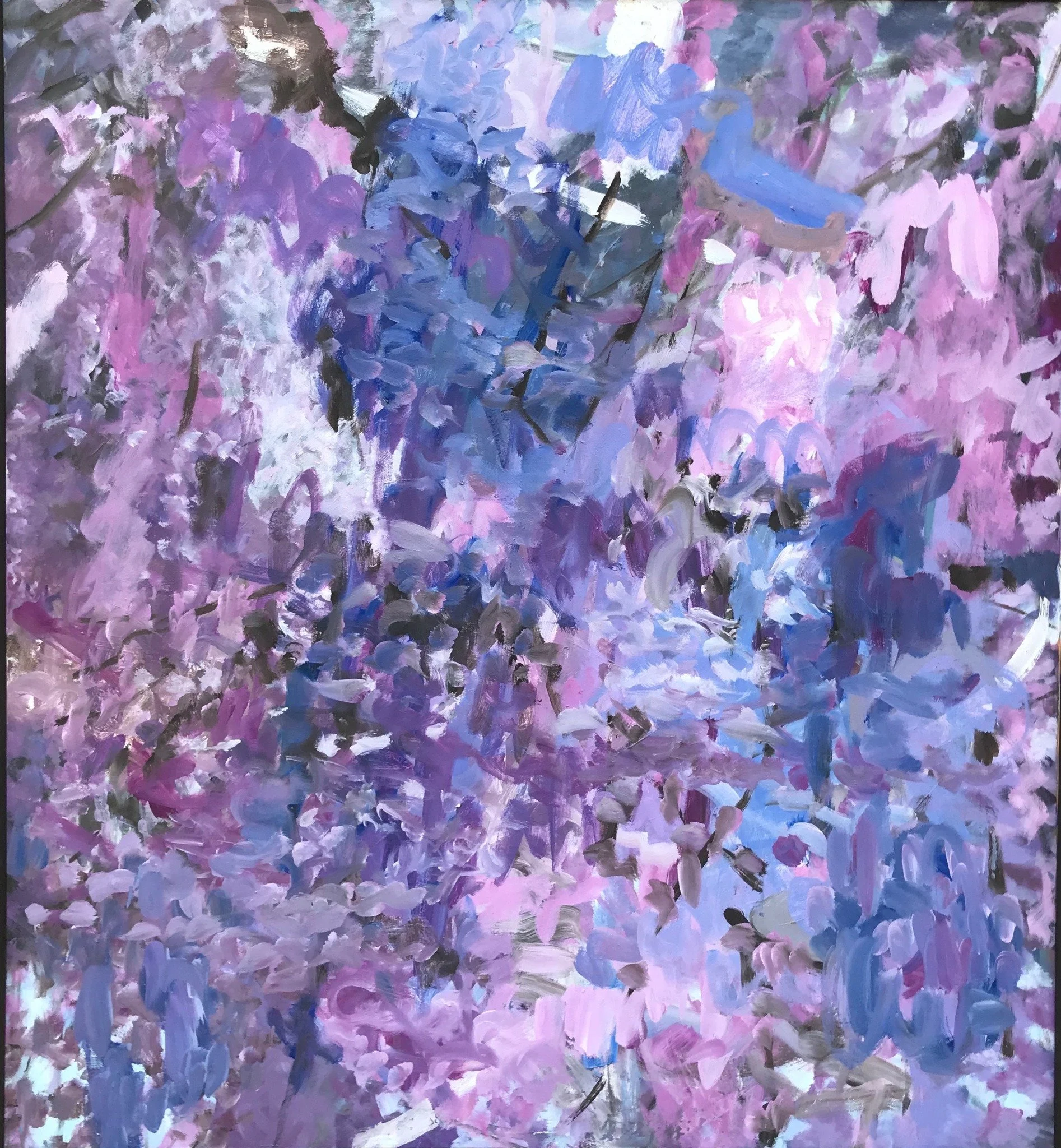 Abstract painting featuring shades of purple, pink, white, blue, and black with brushstrokes creating a textured, impressionistic floral scene.