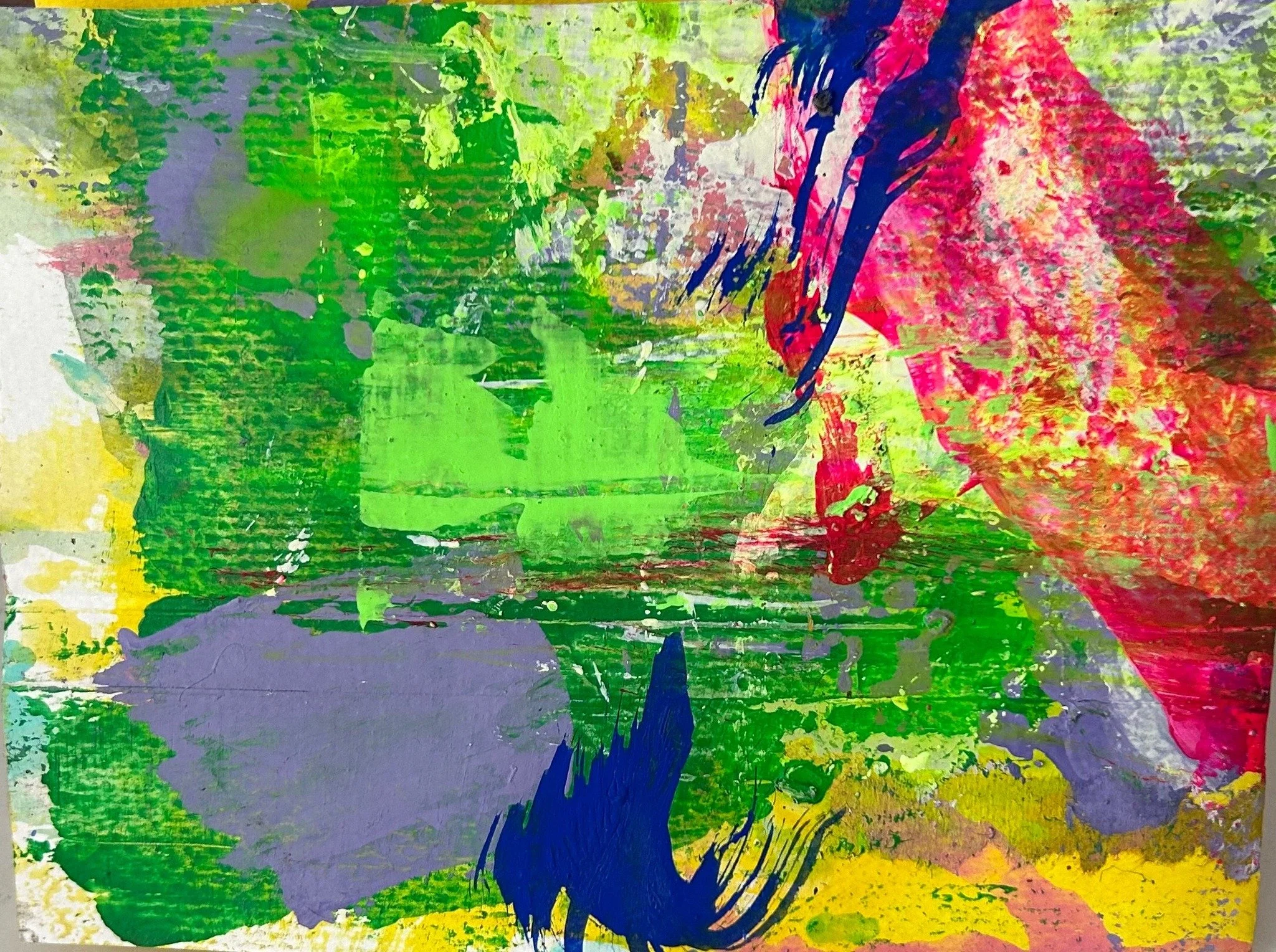 Abstract painting with vibrant colors including green, purple, pink, yellow, and blue, with various brushstrokes and textures.