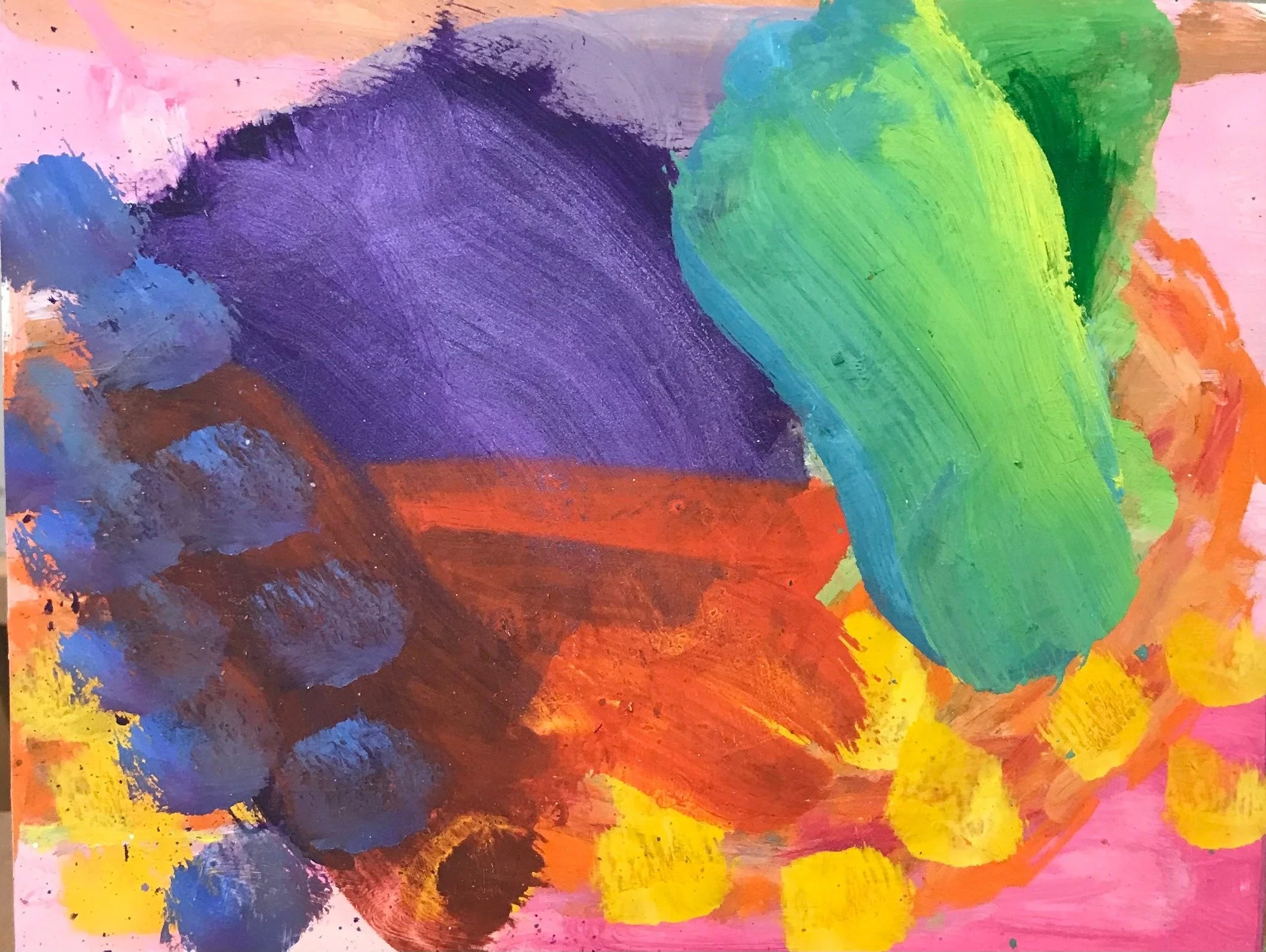 Abstract painting with large green and purple shapes, blue dots, orange and yellow accents, and a pink background.