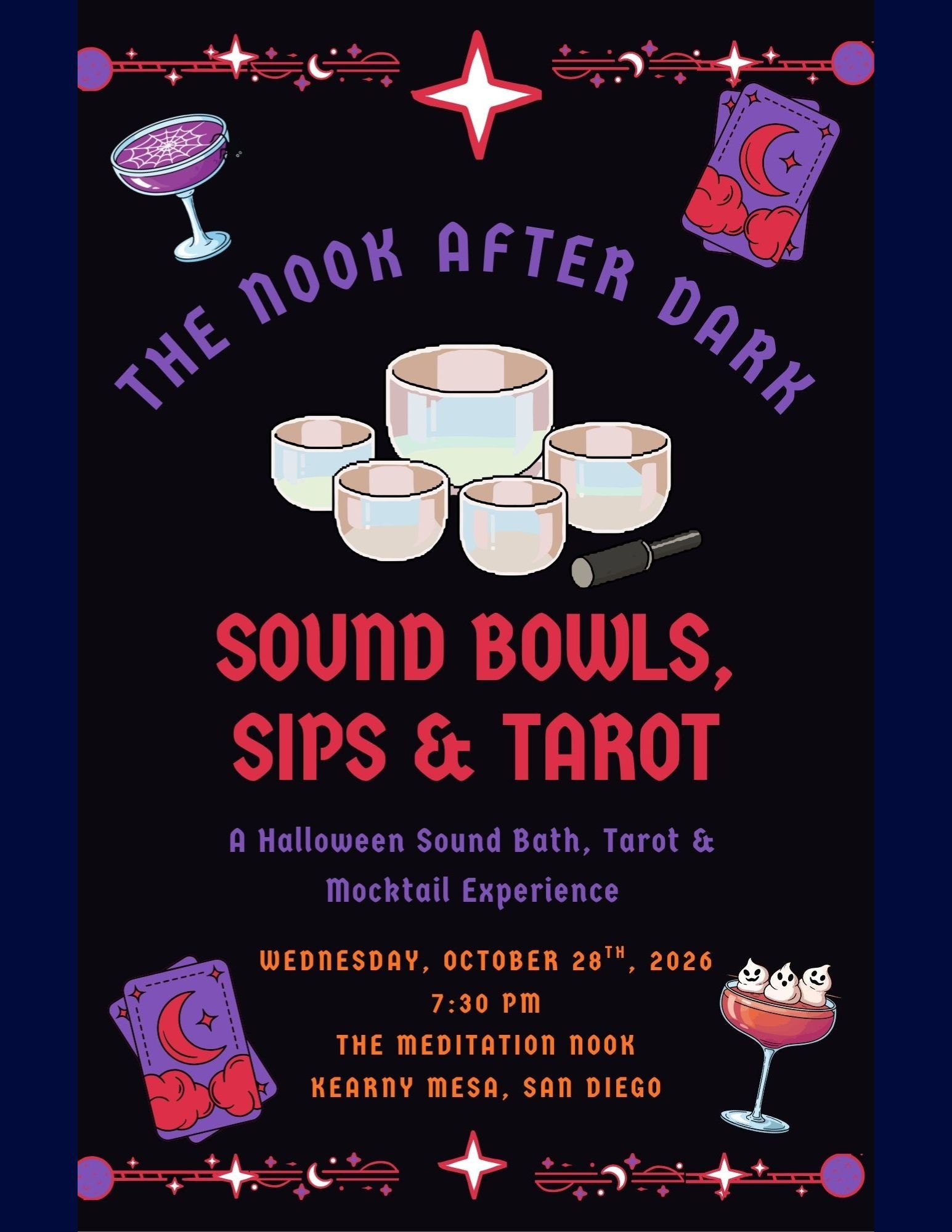 Sip spooky mocktails, receive a 3-card tarot reading, and unwind with a relaxing sound bath and Yoga Nidra experience.

Step into an enchanting evening of sound, intuition, and community connection.

Your experience will begin with a welcome mocktail