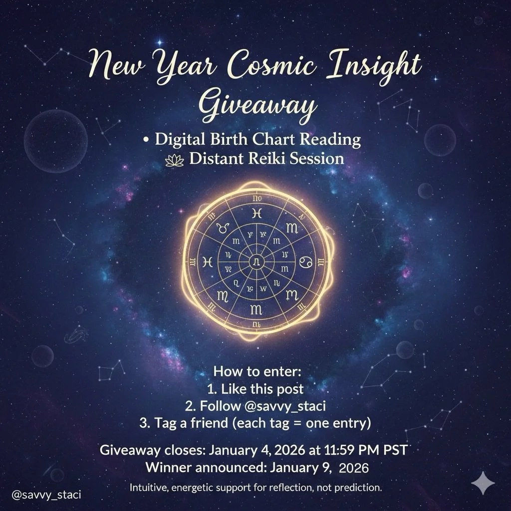 ⭐️New Year Cosmic Insight Giveaway⭐️

To welcome the New Year, I&rsquo;m offering one free Cosmic Insight experience to support clarity, alignment, and intention as we step into 2026

The winner will receive:
-One digital birth chart reading
-One dis