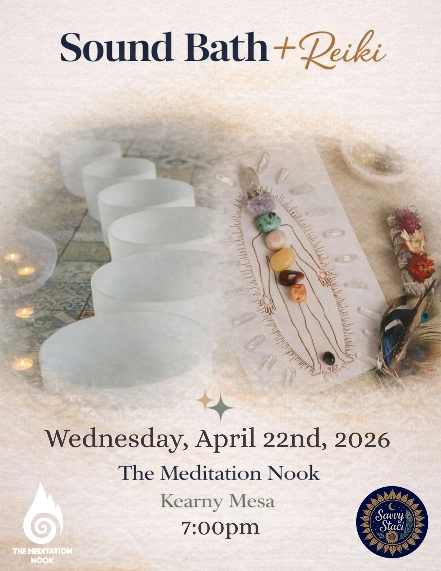 Flyer for Sound Bath + Reiki in San Diego on Wednesday, April 22nd, 2026 at 7:00pm at the Meditation Nook in Kearny Mesa San Diego, CA | Energy Healing & Deep Relaxation
Join us for a restorative Sound Bath and Reiki in San Diego, an immersive energy