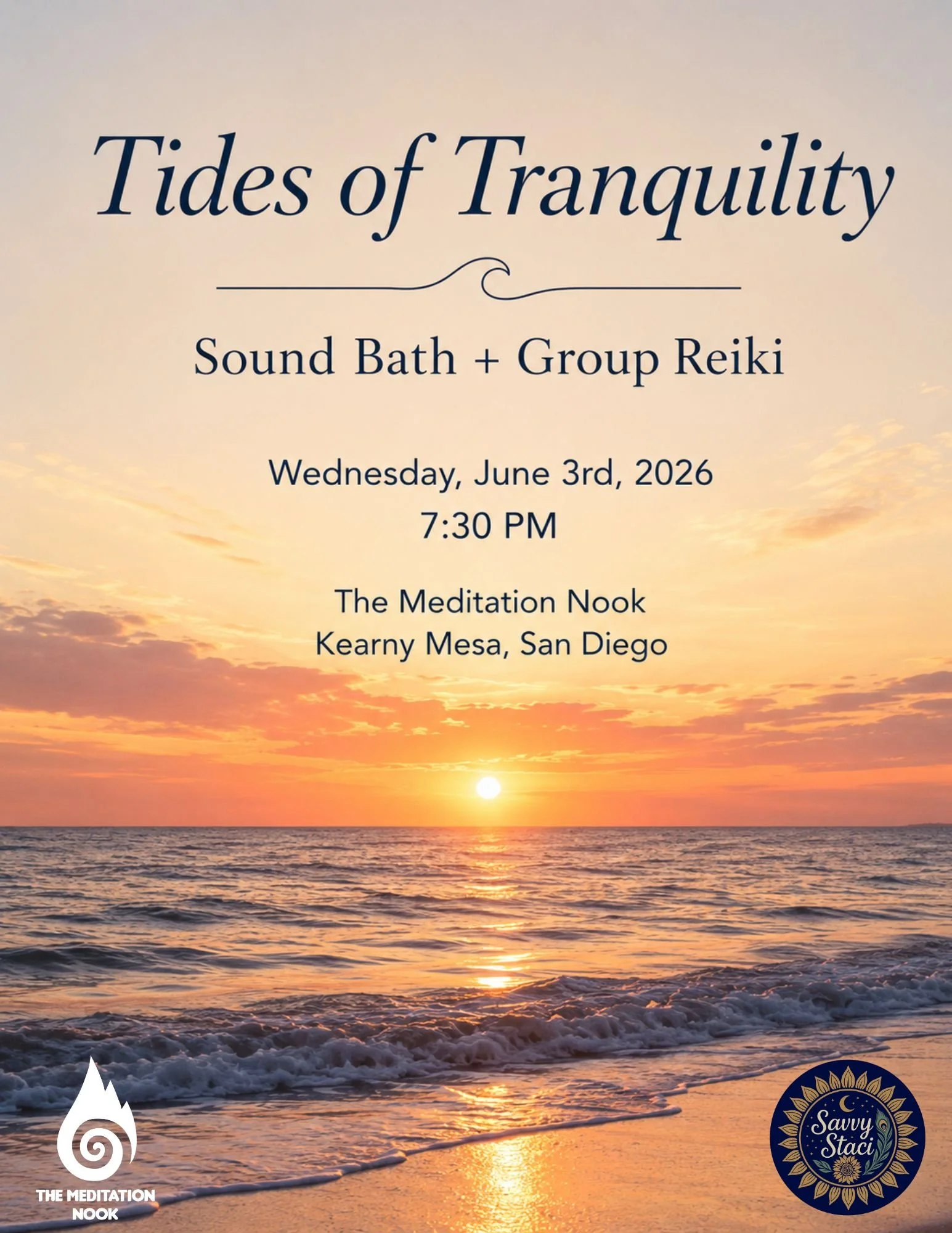 Ocean-Inspired San Diego Sound Bath + Group Reiki Healing

An immersive evening of deep rest, energetic healing, and nervous system renewal inspired by the calming rhythm of the ocean.

Tides of Tranquility is a restorative sound bath and group Reiki