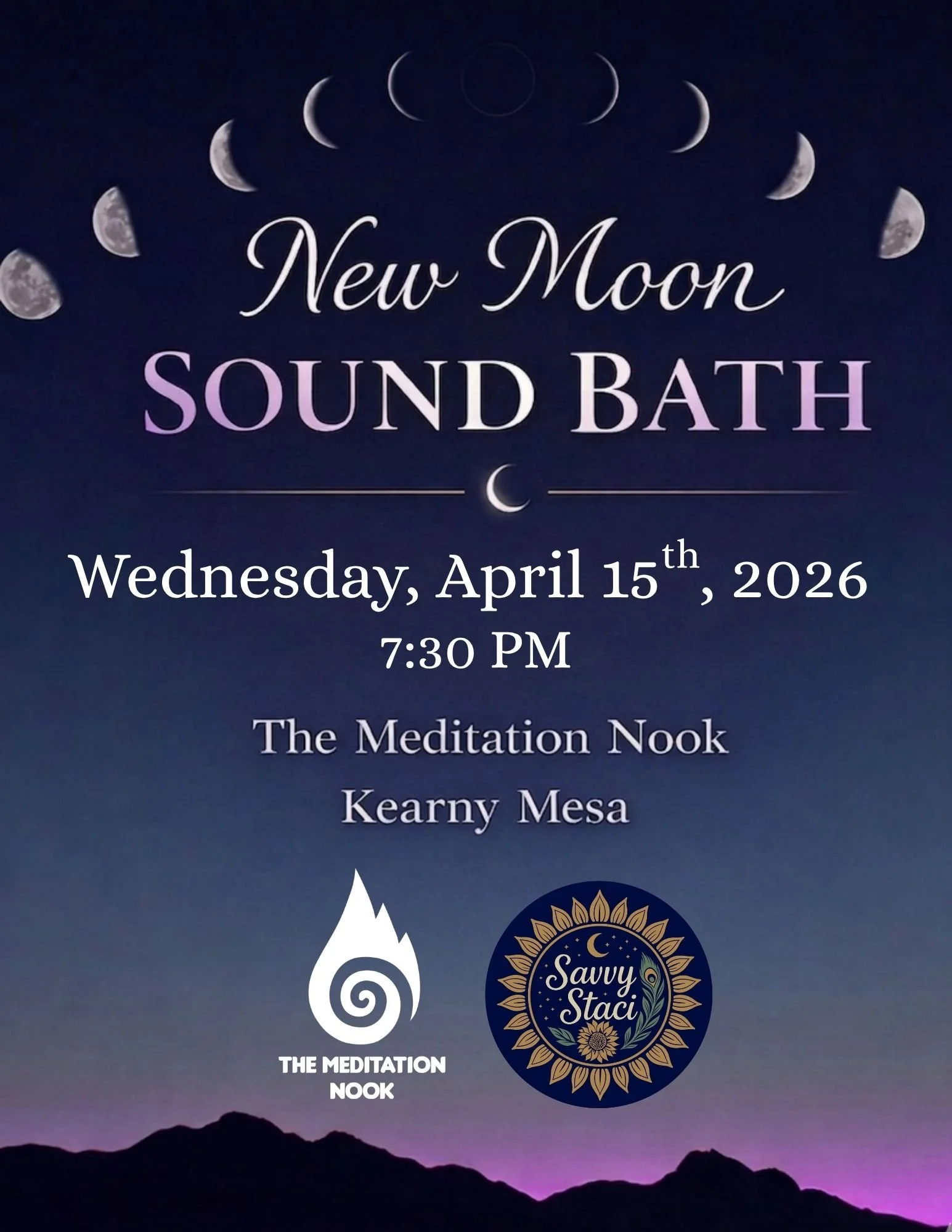 Flyer of new moon sound bath on Wednesday april 15th, 2026 at 7:30pm at the meditaiton nook in kearny mesa at the mediation nook. New moon sound bath in San Diego with crystal singing bowls arranged in a serene meditation space, featuring yoga mats, 