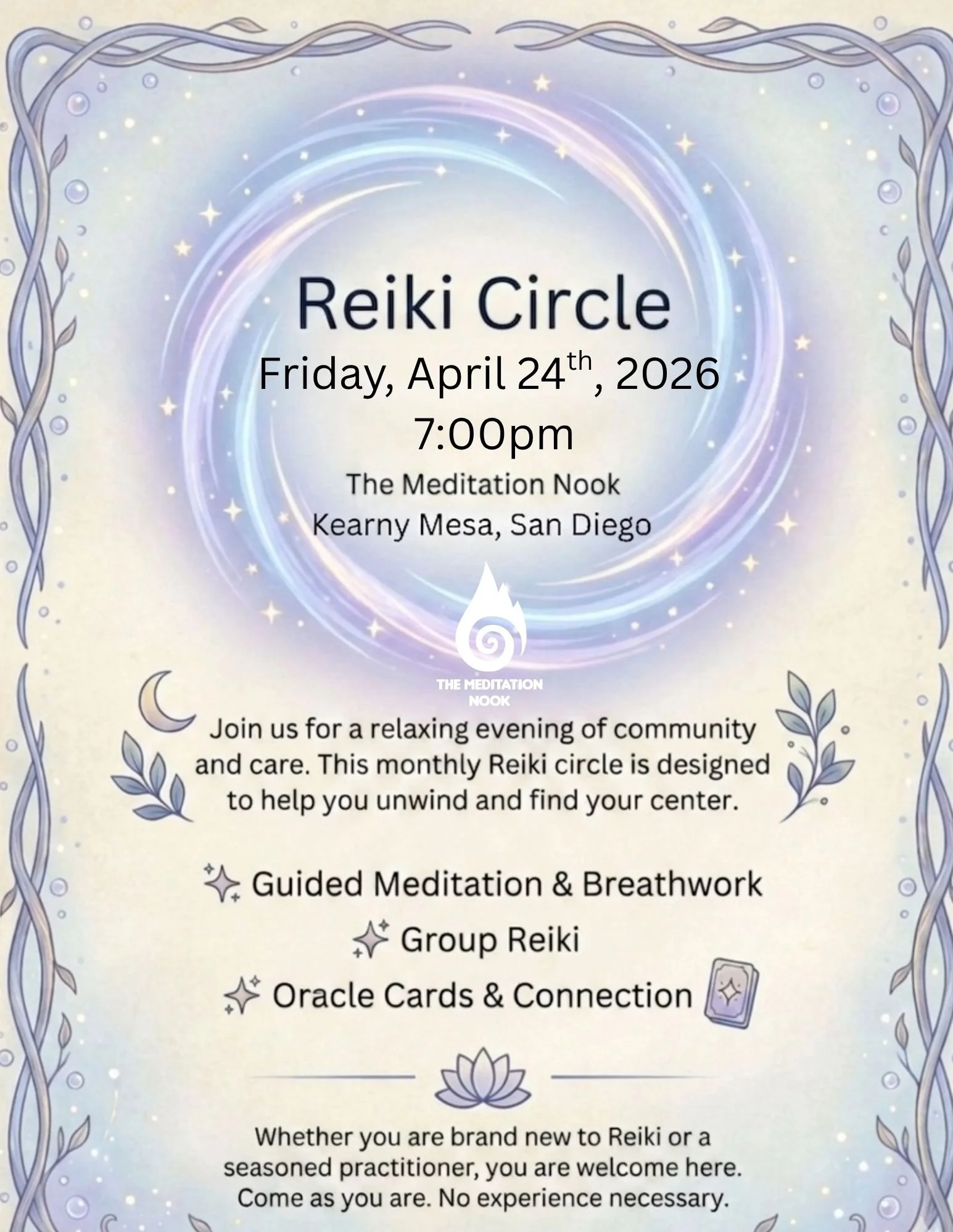 Flyer for Reiki Circle on Friday, April 24th, 2026 at 7pm at the meditation nook in kearny mesa, san diego, california. Reiki circle in San Diego with participants gathered in a peaceful meditation space, featuring soft lighting, floor seating, and a