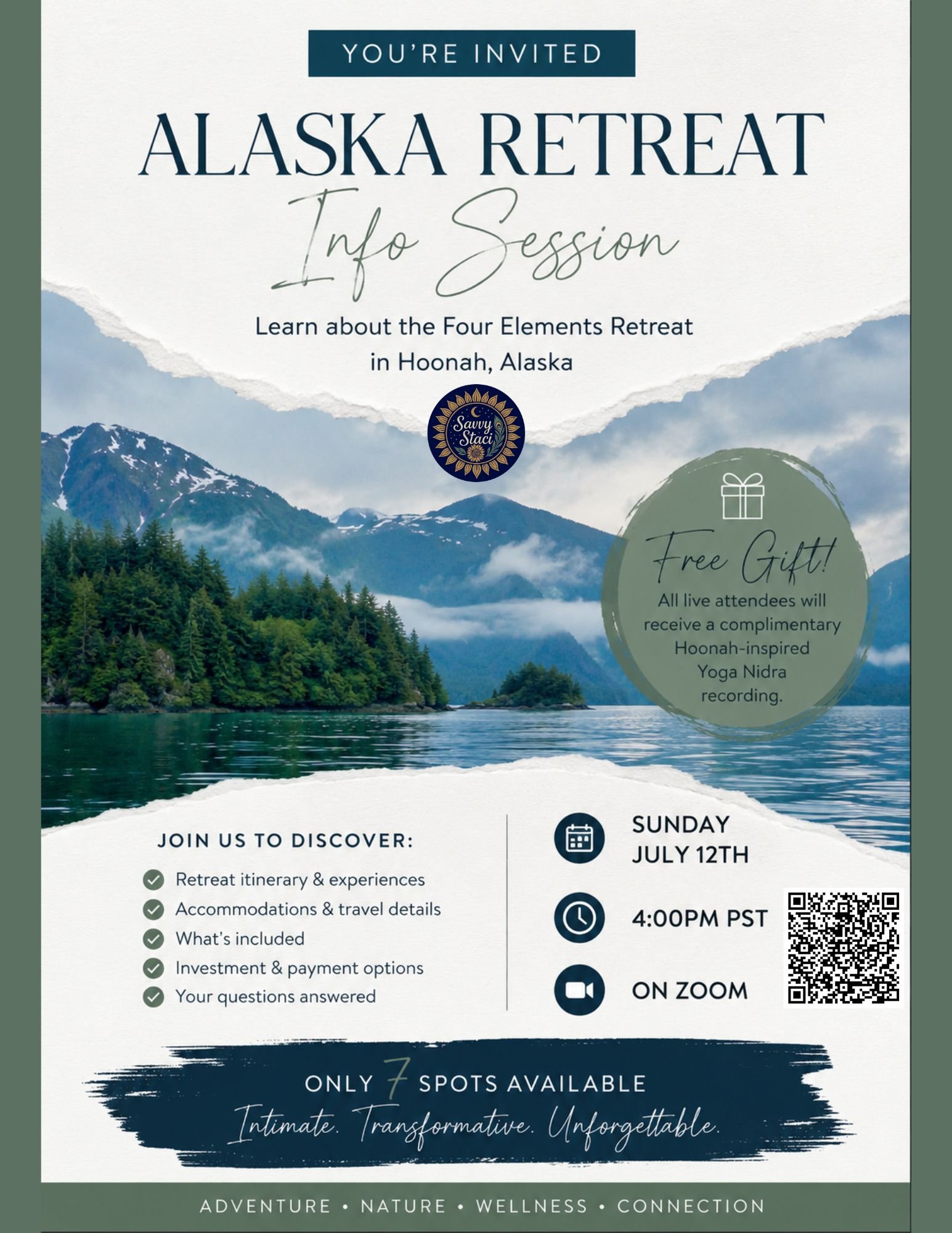 Learn about our Four Elements Alaska Retreat in Hoonah, Alaska + receive a free Hoonah-inspired Yoga Nidra recording for attending live!

Have you been dreaming of experiencing Alaska in a deeper, more meaningful way?

Join us for a free virtual info