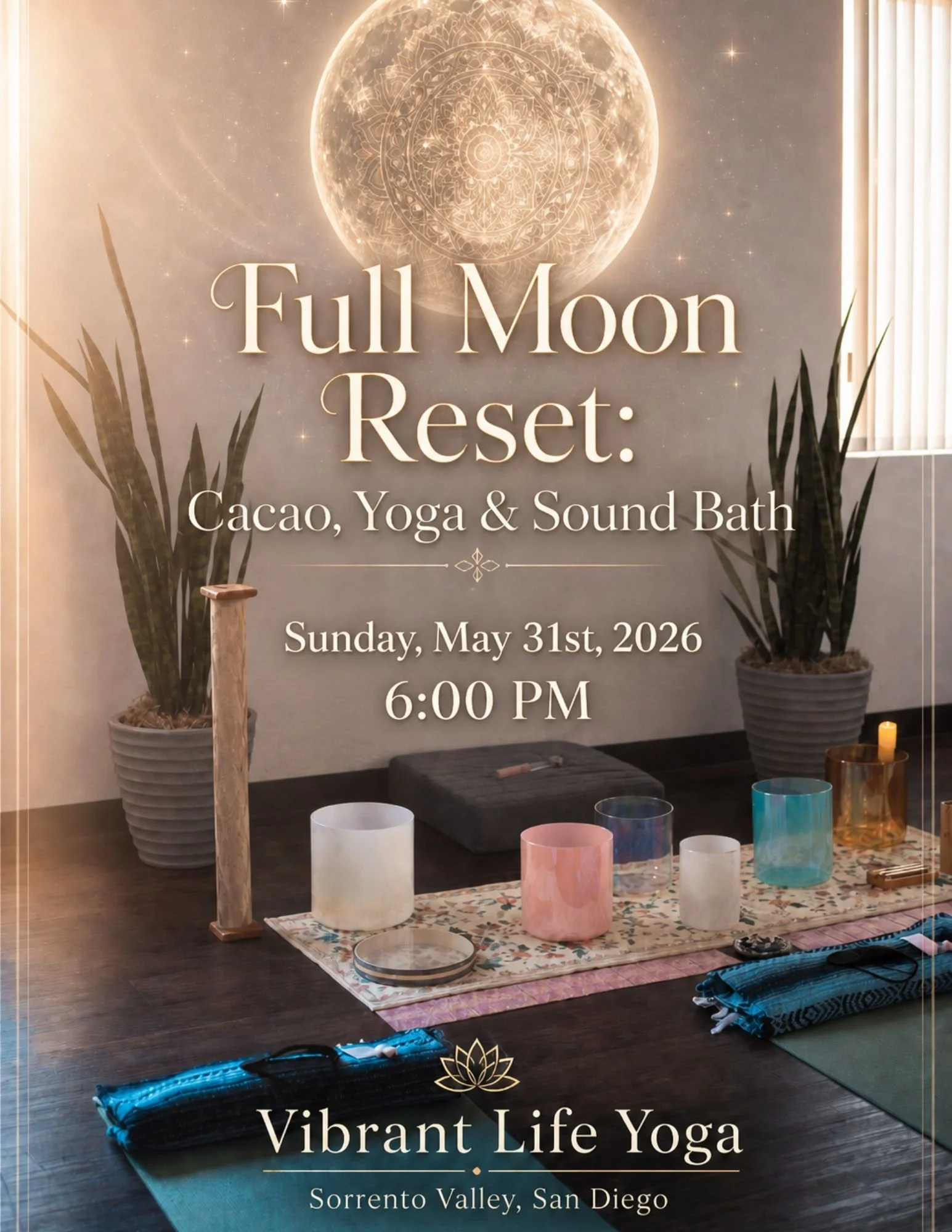 Experience a Full Moon cacao ceremony in San Diego with restorative yoga, meditation, and a sound bath. Release, reset, and realign.

Join us for a deeply nourishing evening under the full moon with this Full Moon Reset: Cacao Ceremony, Restorative Y