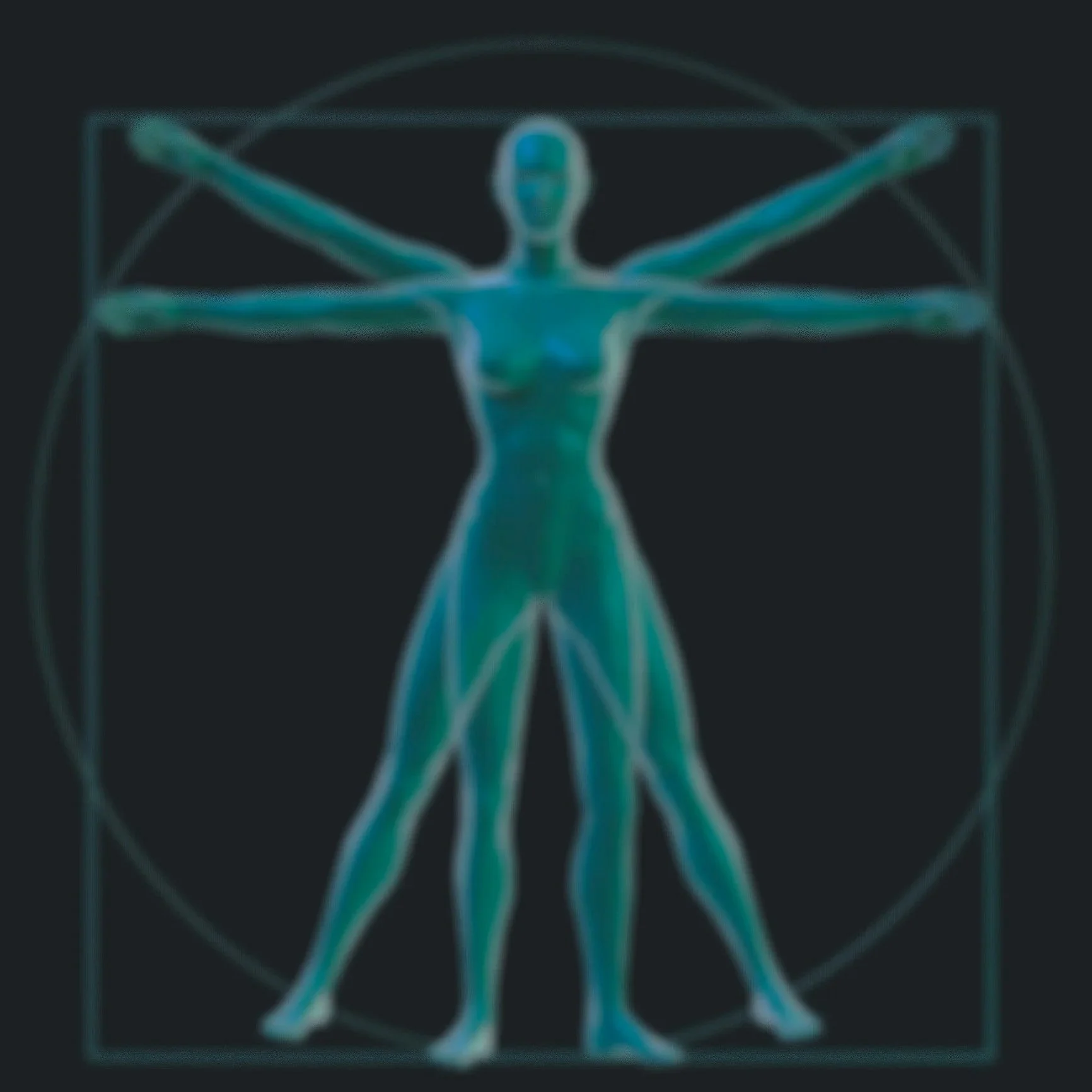 An abstract digital image of a human figure with outstretched arms and legs, surrounded by geometric lines and shapes, against a black background.