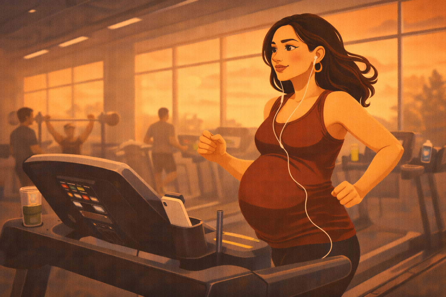 Pregnant woman jogging on treadmill at the gym
