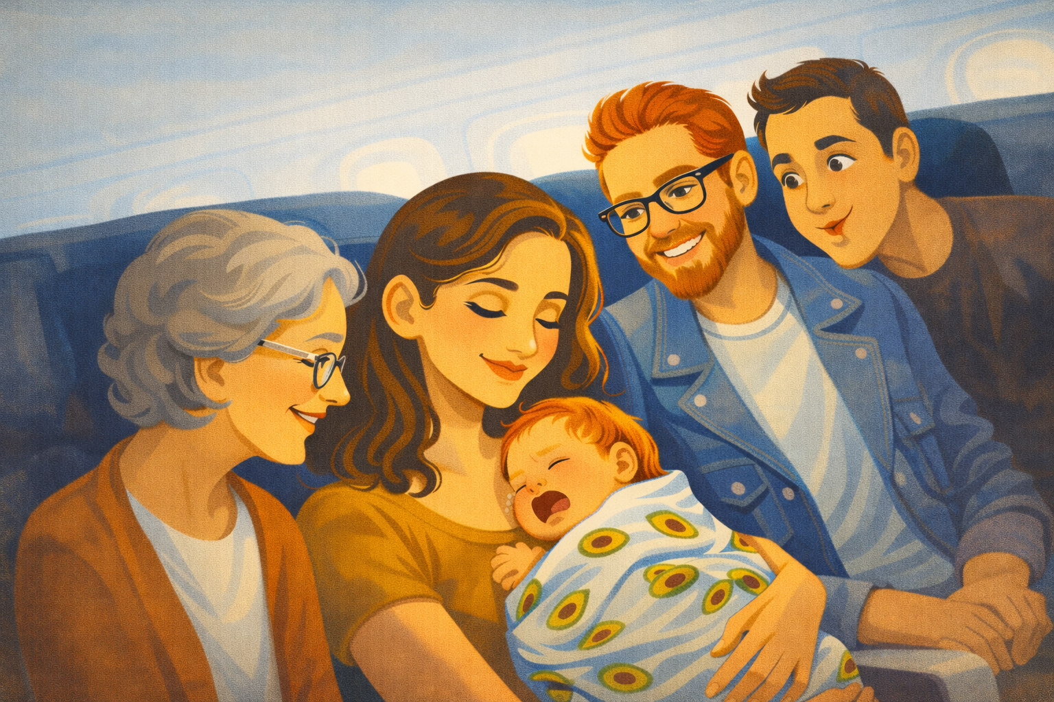 Mother holding a crying baby on a plane, surrounded by supportive passengers