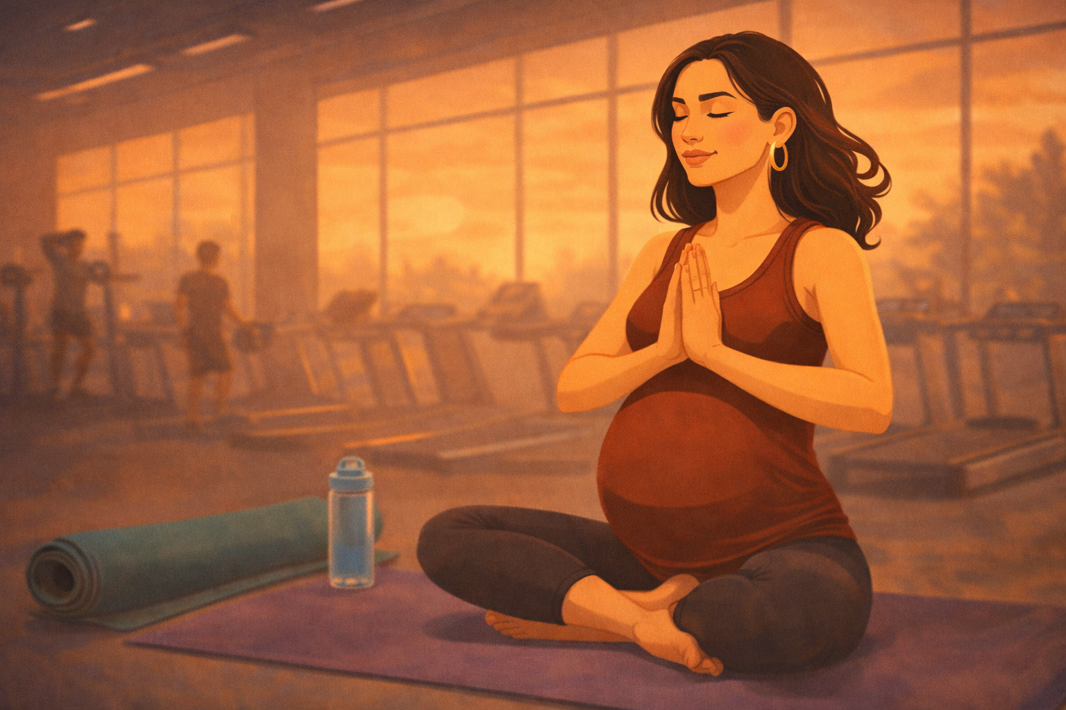 Illustration of a pregnant woman doing yoga at the gym