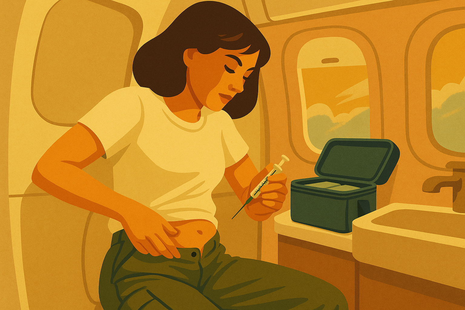 Vintage poster-style illustration of a woman injecting IVF hormones inside a cramped airplane toilet with a cooler bag on the sink.