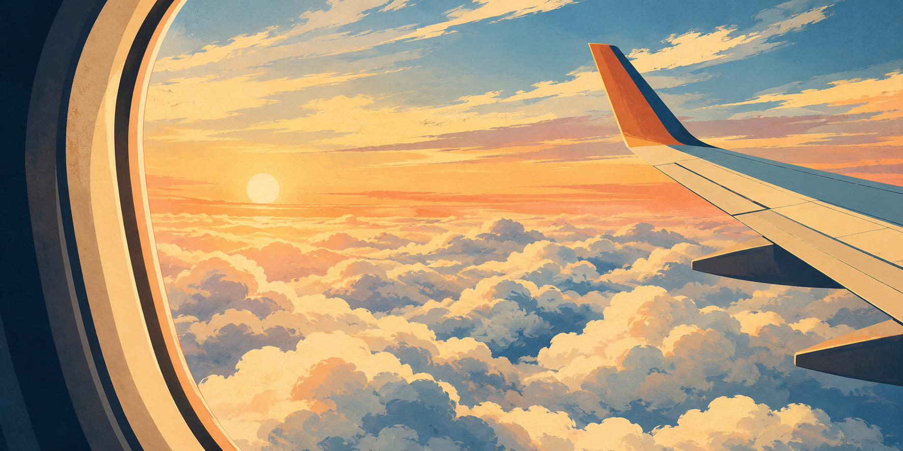 View from an airplane window over the clouds at sunrise